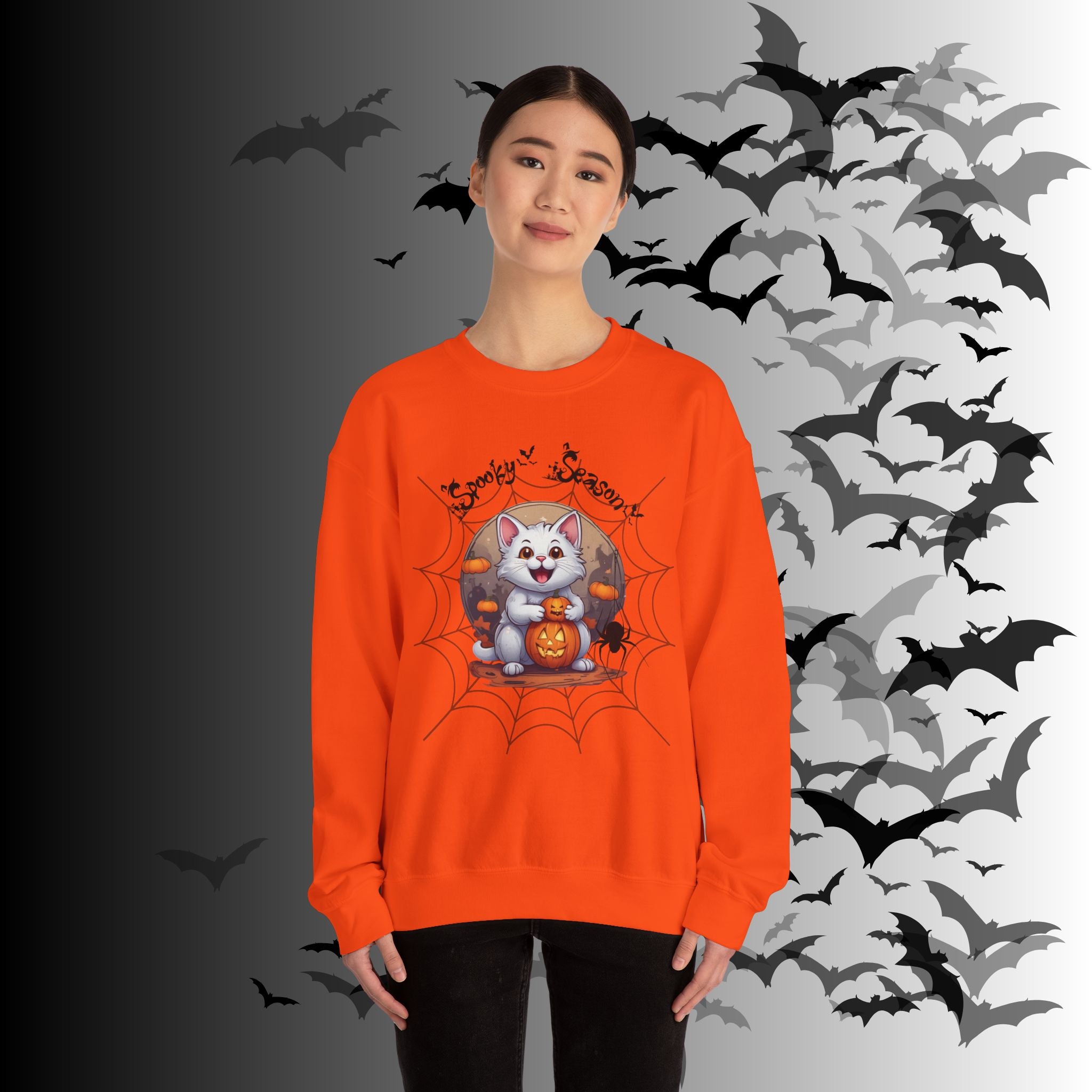 Spooky Season Cat Crewneck Sweatshirt — Kawaii Halloween Pumpkin