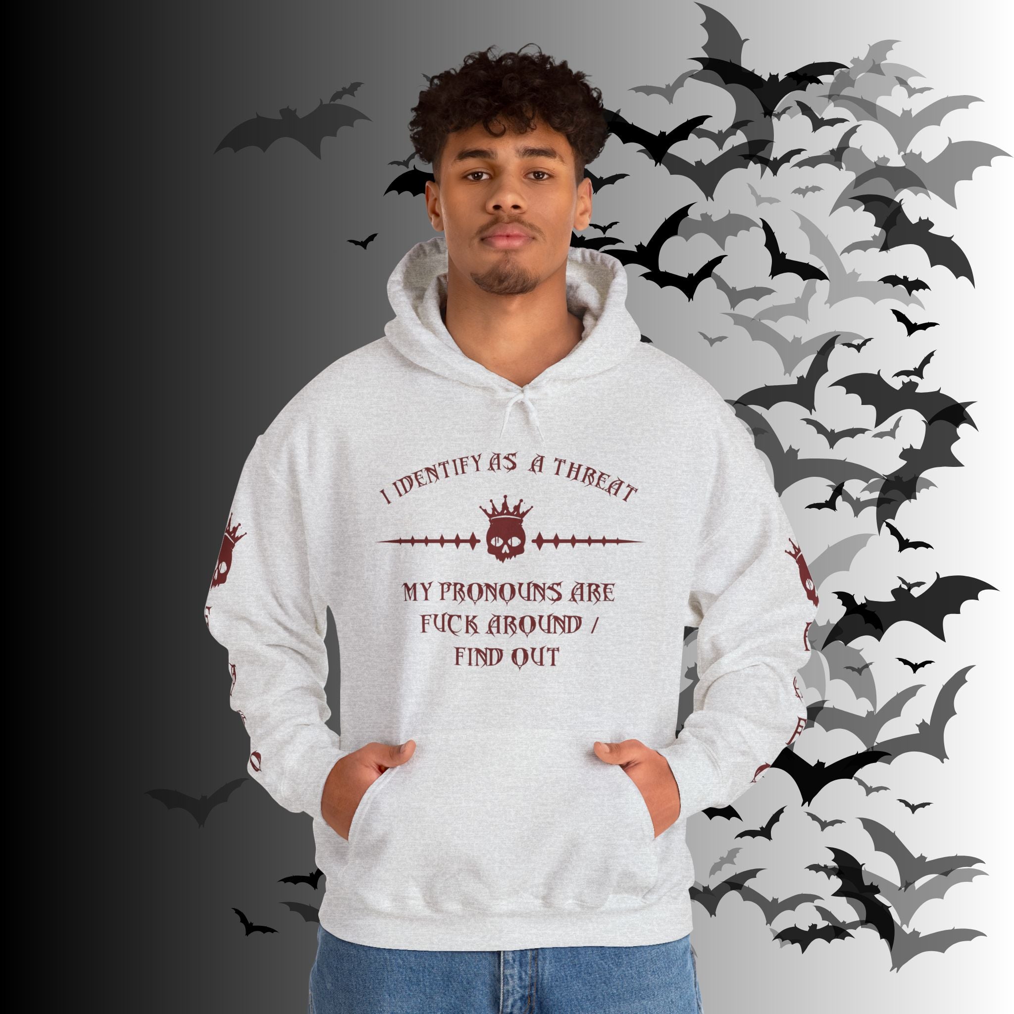 I Identify As a Threat Hoodie — Gothic Skull Sleeve Print Fuck Around Find Out