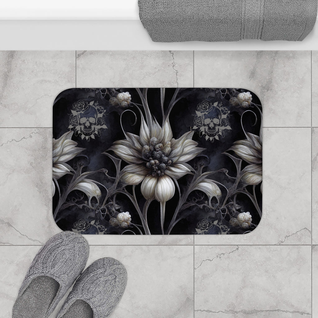 Gothic Botanical Skull Bath Mat — Dark Floral Black Bathroom Decor