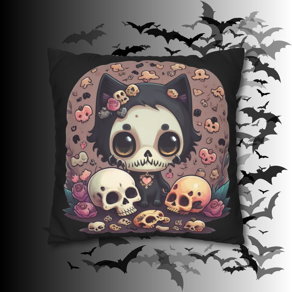 Gothic Skull Face Cat Throw Pillow — Creepy Cute Pastel Goth Home Decor