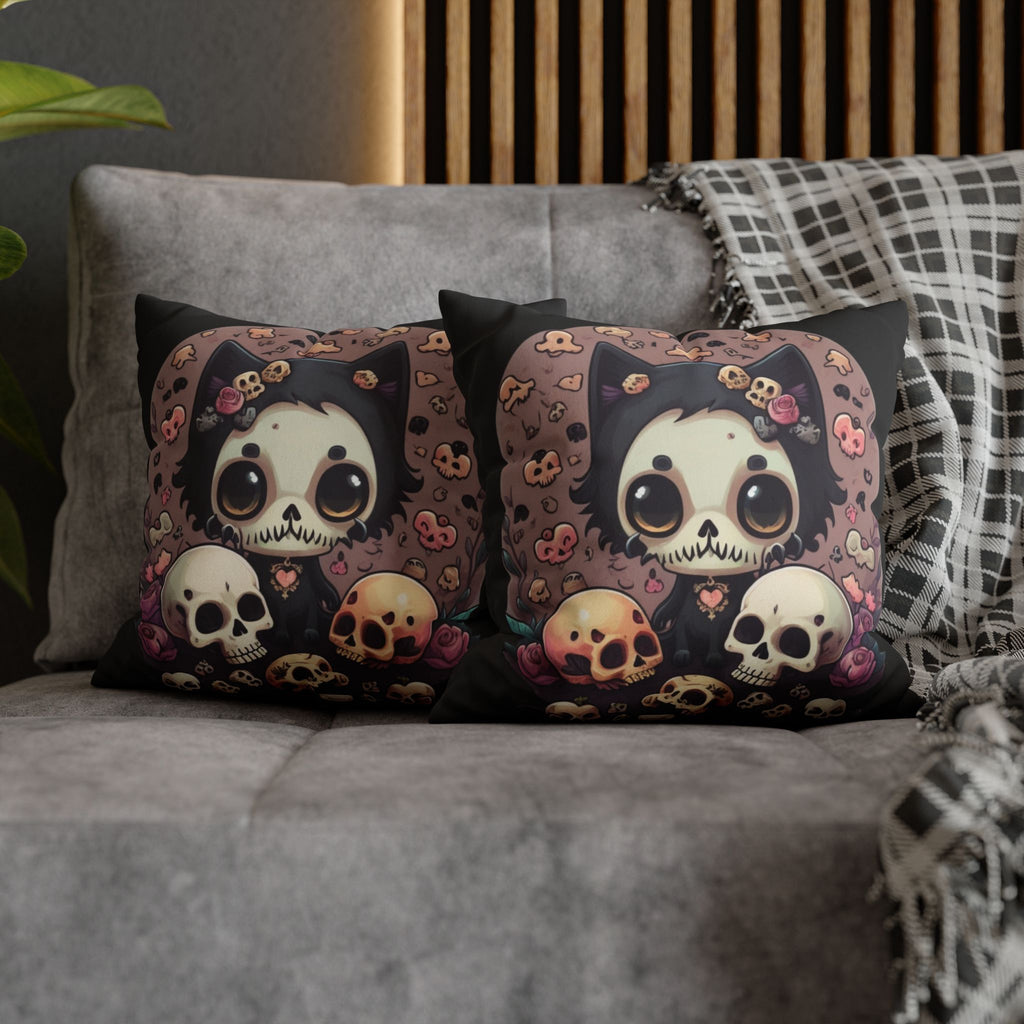 Gothic Skull Face Cat Throw Pillow — Creepy Cute Pastel Goth Home Decor