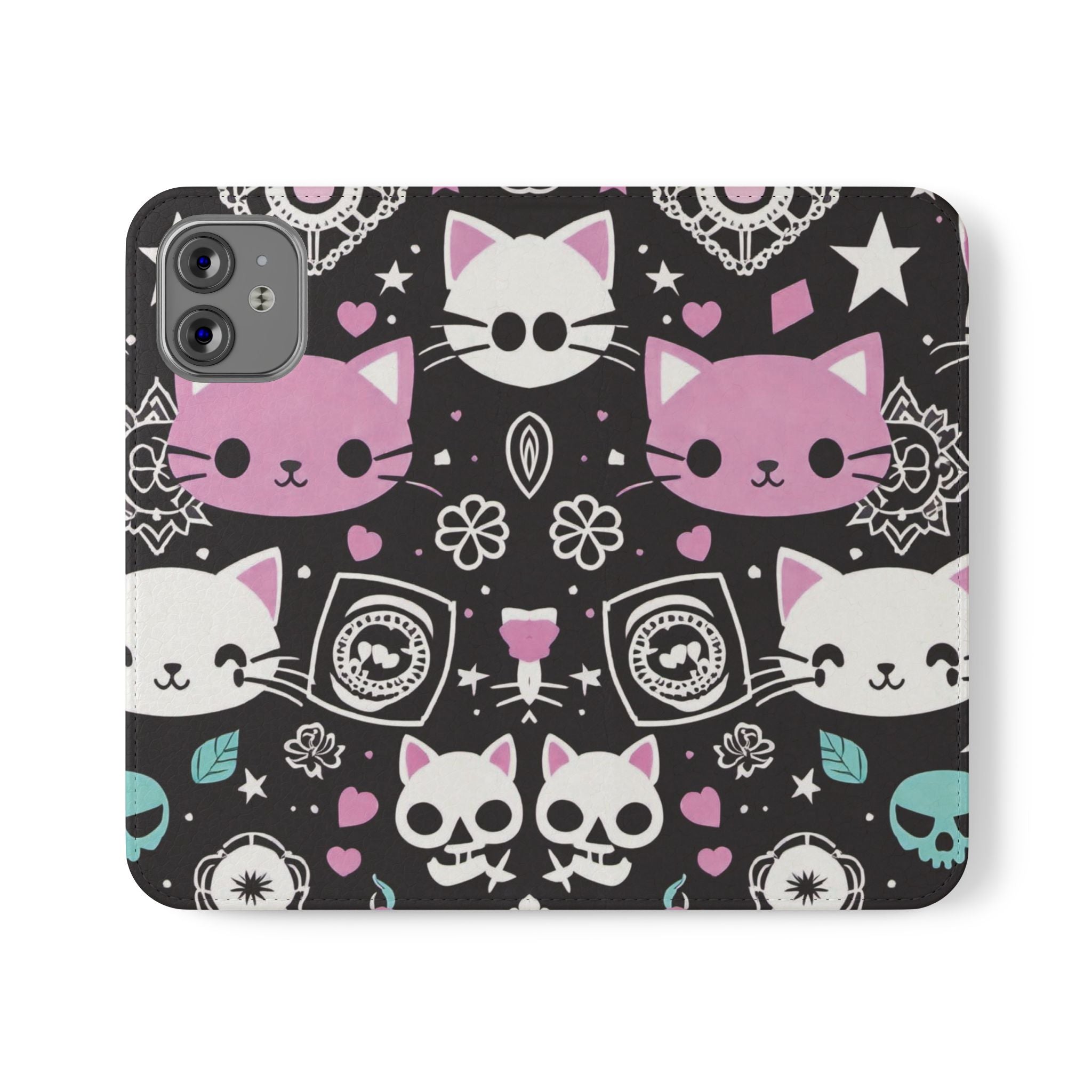 Pastel Goth Cat Flip Wallet Phone Case - Goth Cat Wallet Case for Samsung iPhone - Gothic Style Cats Wallet Phone Cases