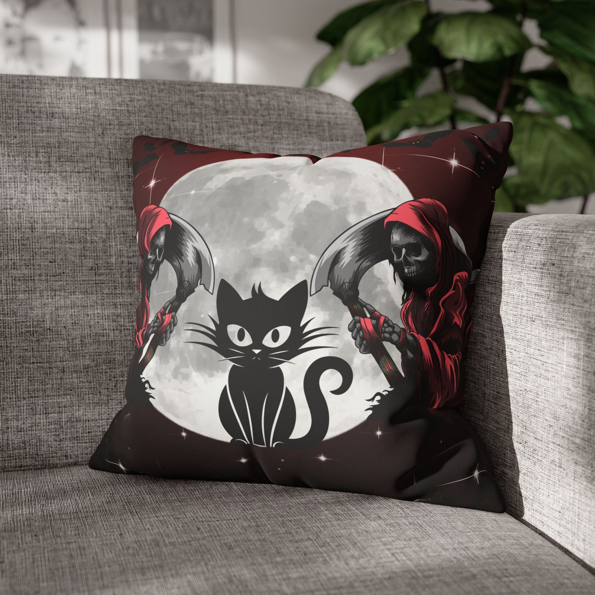 Gothic Black Cat Grim Reaper Throw Pillow — Moonlit Dark Home Decor