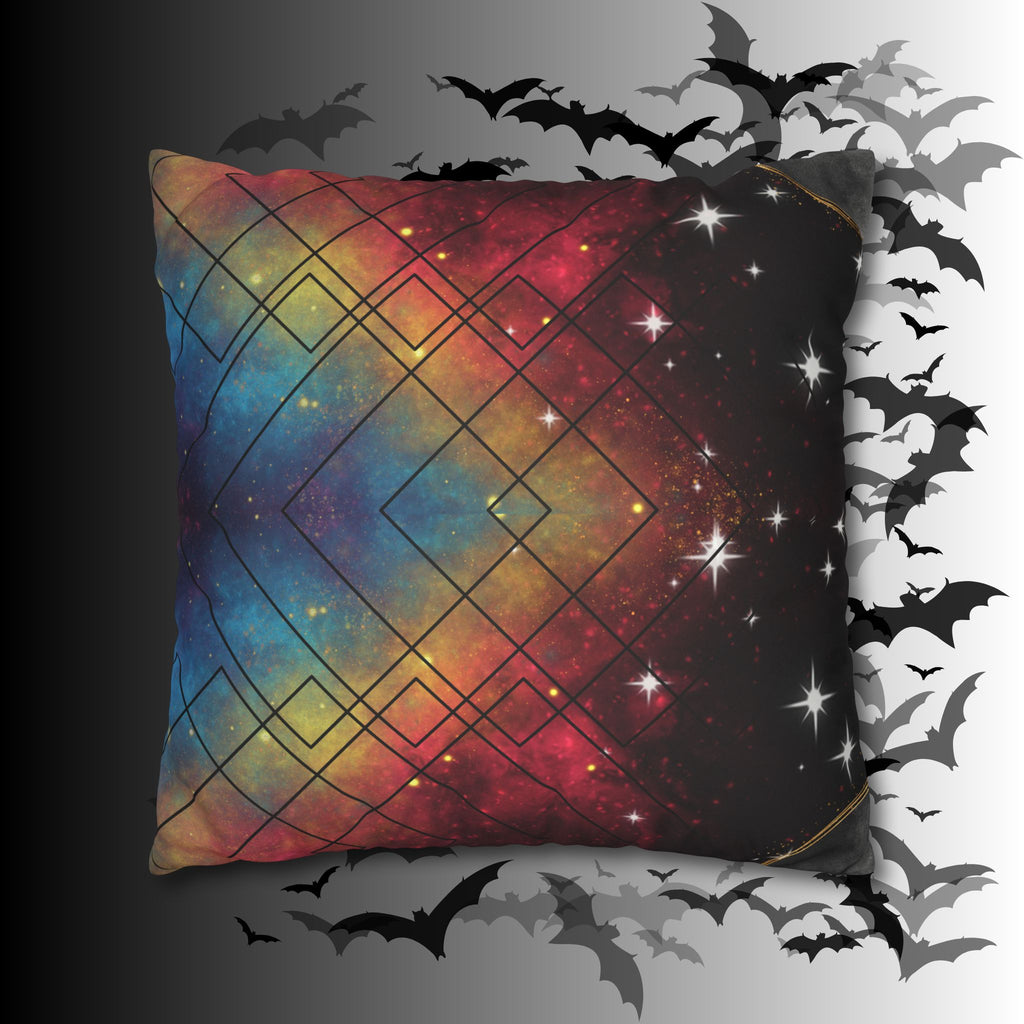 Rainbow Galaxy Geometric Throw Pillow — Celestial Cosmic Dark Home Decor