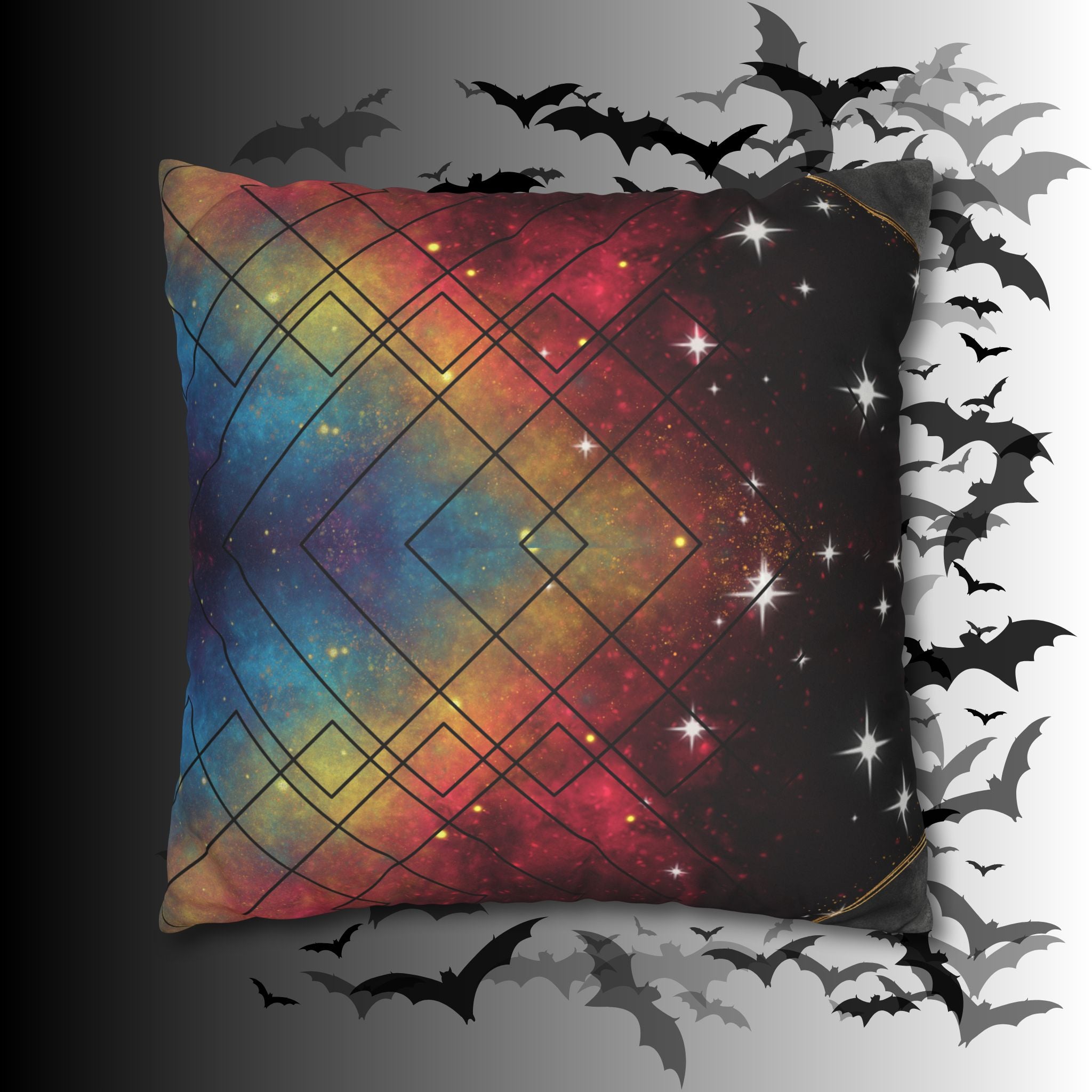 Rainbow Galaxy Geometric Throw Pillow — Celestial Cosmic Dark Home Decor