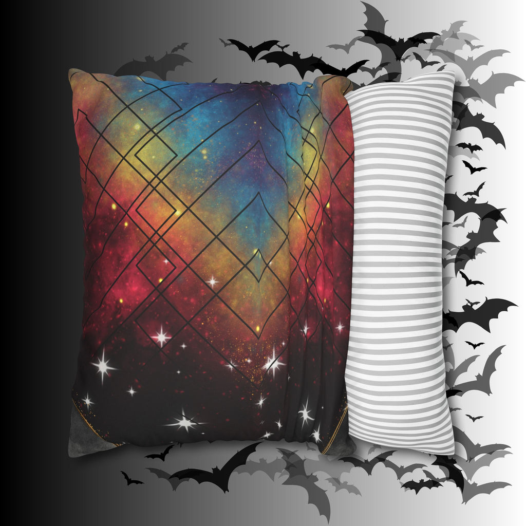 Rainbow Galaxy Geometric Throw Pillow — Celestial Cosmic Dark Home Decor