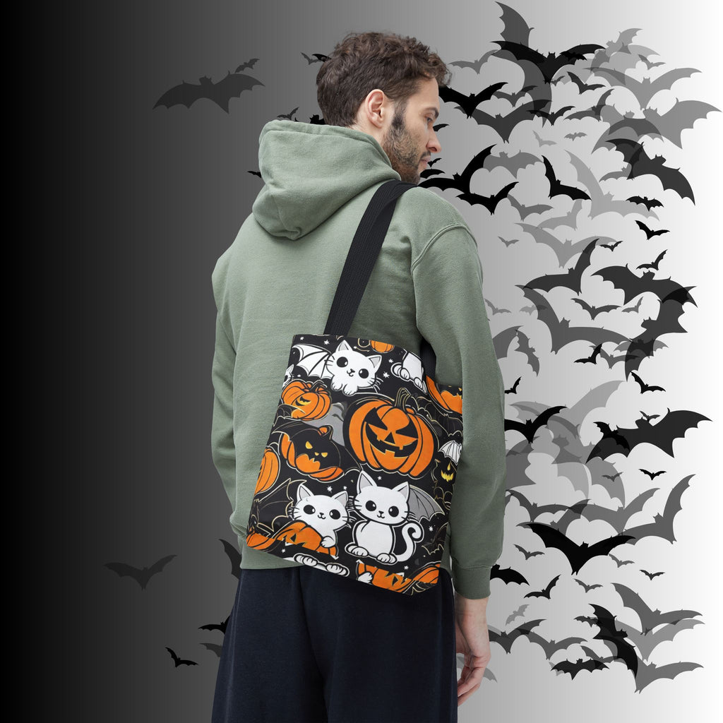 Kawaii Bat Cat Halloween Tote Bag — Dark Pumpkin Pattern