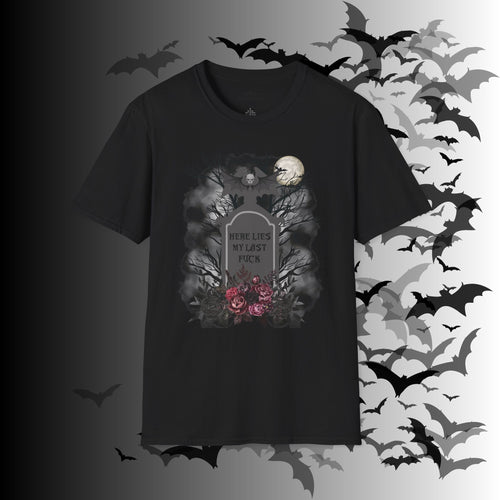 Black t-shirt with gothic graveyard scene featuring a gravestone reading "Here Lies My Last Fuck" surrounded by bare trees, grey mist, full moon, and dark crimson roses