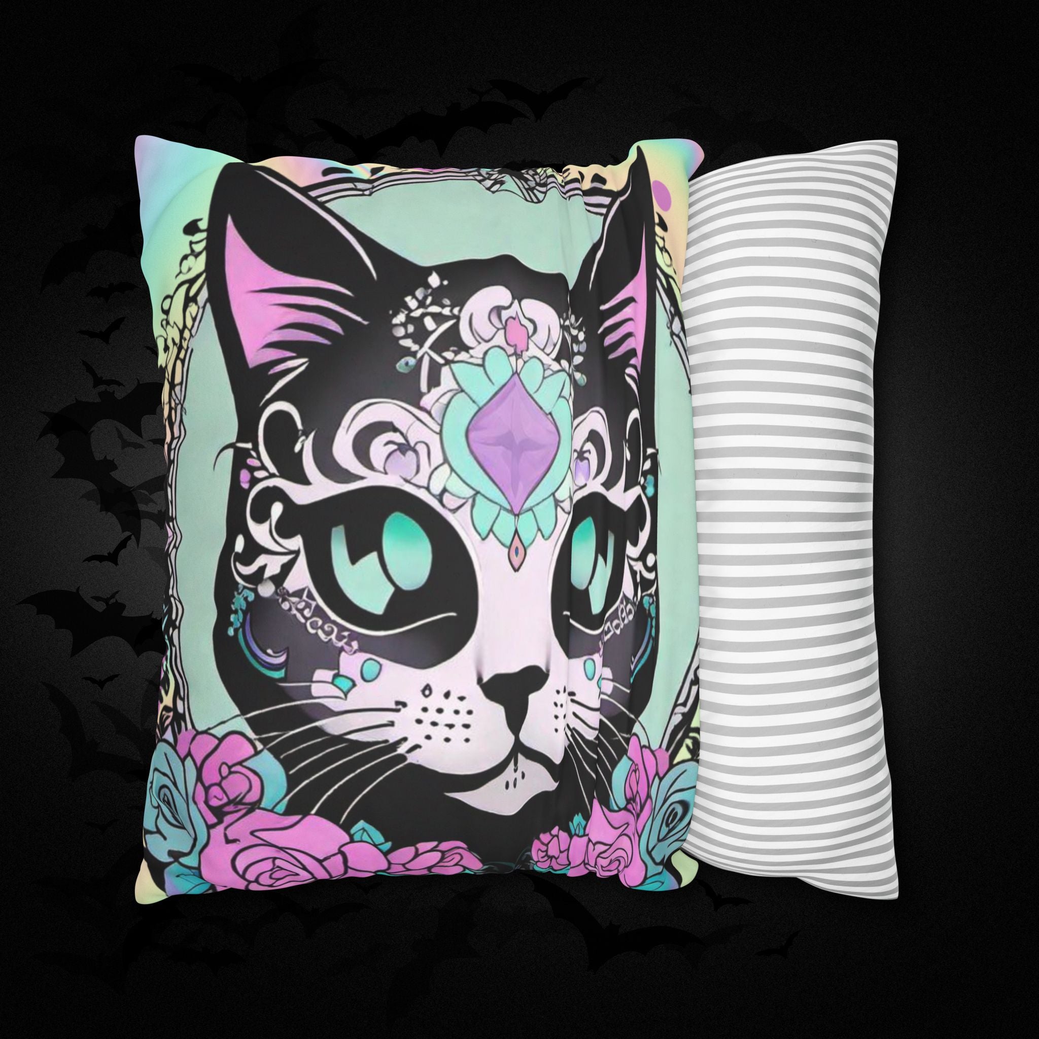 Pastel Goth Sugar Skull Cat Throw Pillow — Floral Gothic Home Decor