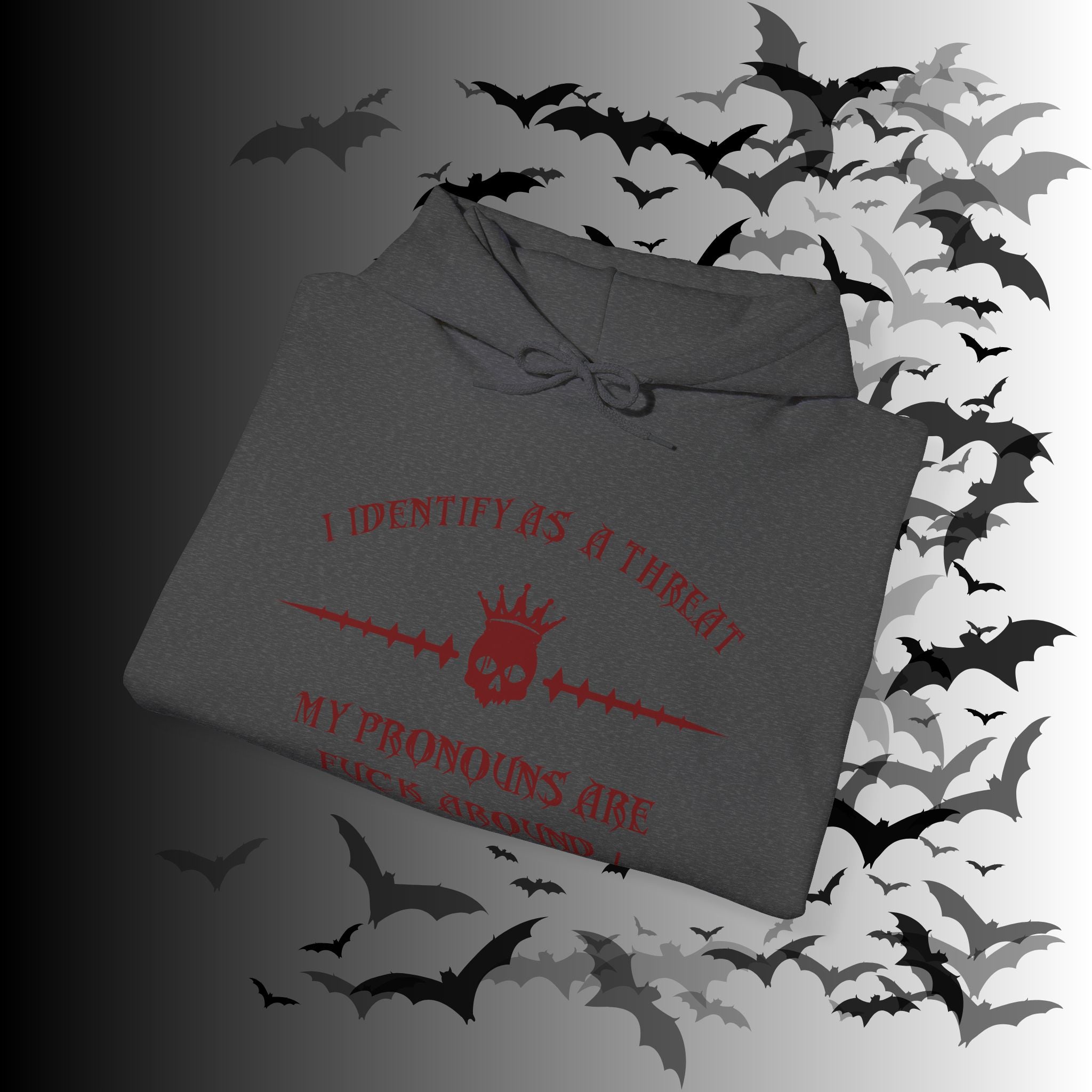 I Identify As a Threat Hoodie — Gothic Skull Sleeve Print Fuck Around Find Out