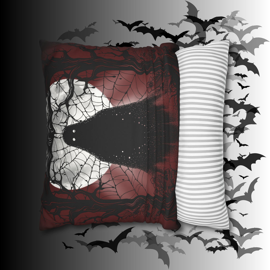Gothic Ghost Cobweb Moon Throw Pillow — Spooky Halloween Dark Home Decor