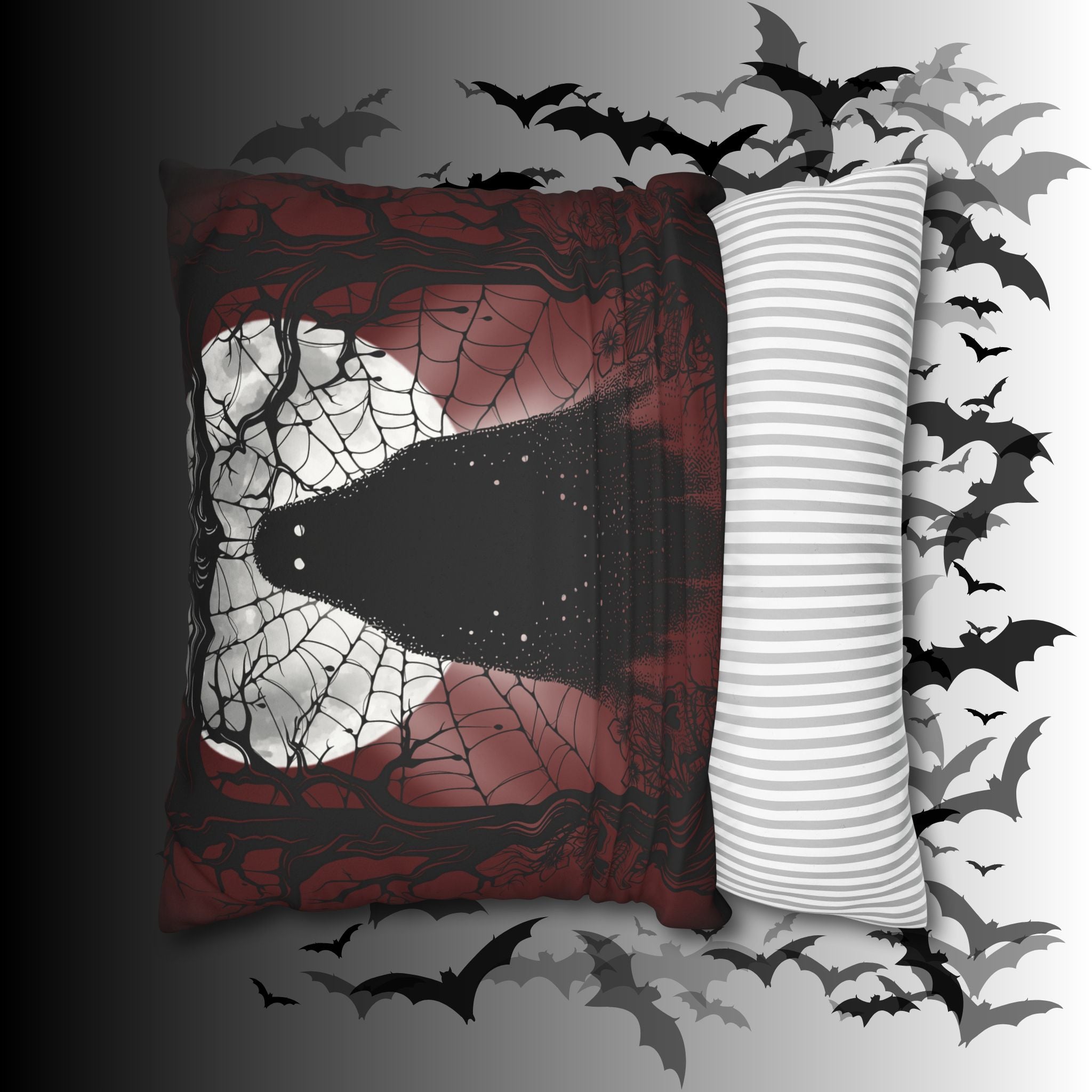 Gothic Ghost Cobweb Moon Throw Pillow — Spooky Halloween Dark Home Decor