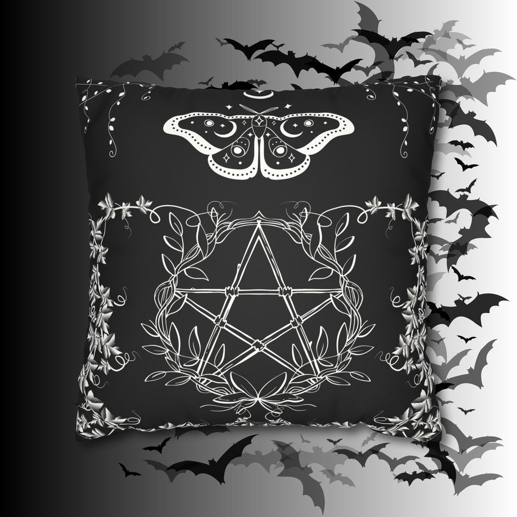 Witchy Moth Pentagram Throw Pillow — Botanical Gothic Dark Home Decor