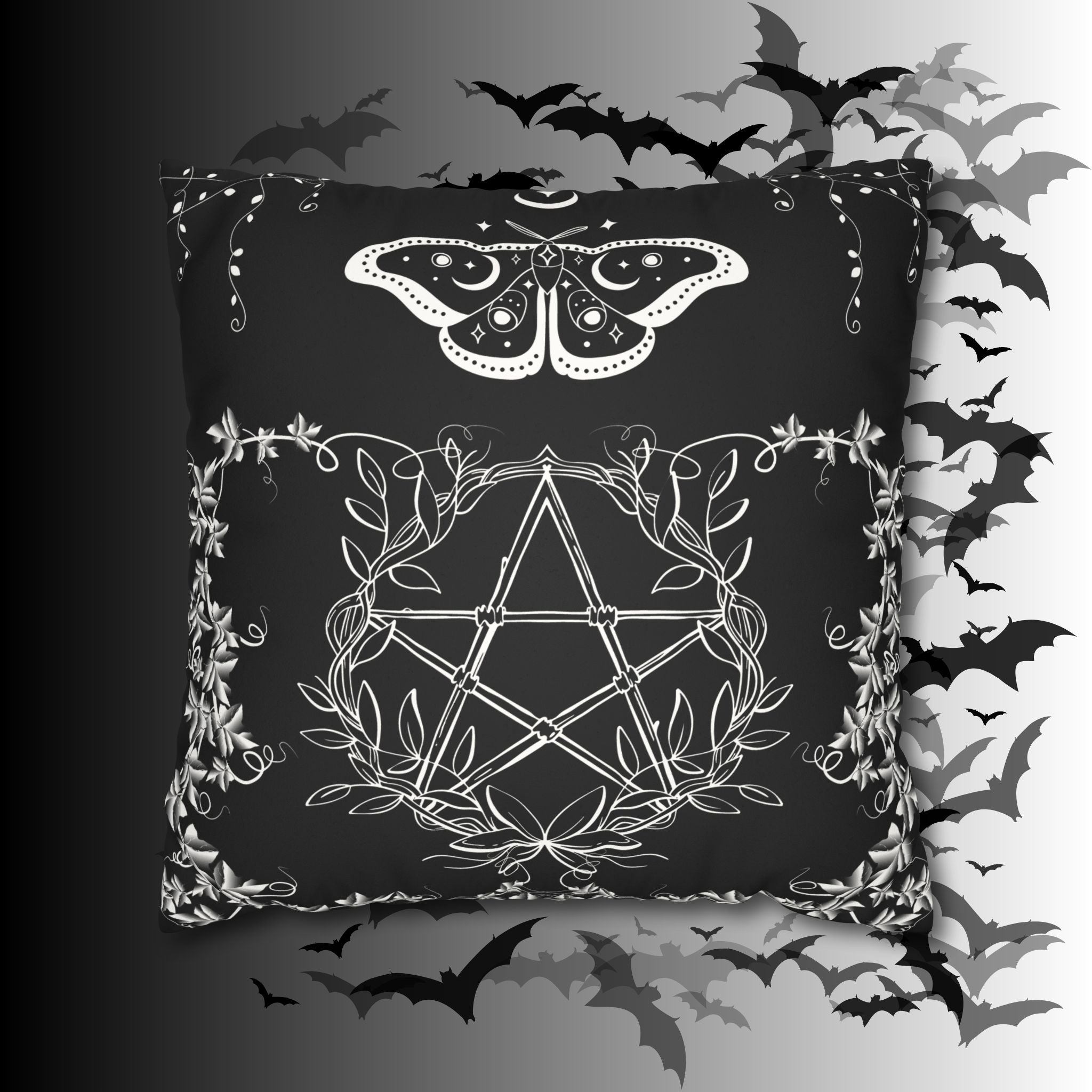 Witchy Moth Pentagram Throw Pillow — Botanical Gothic Dark Home Decor