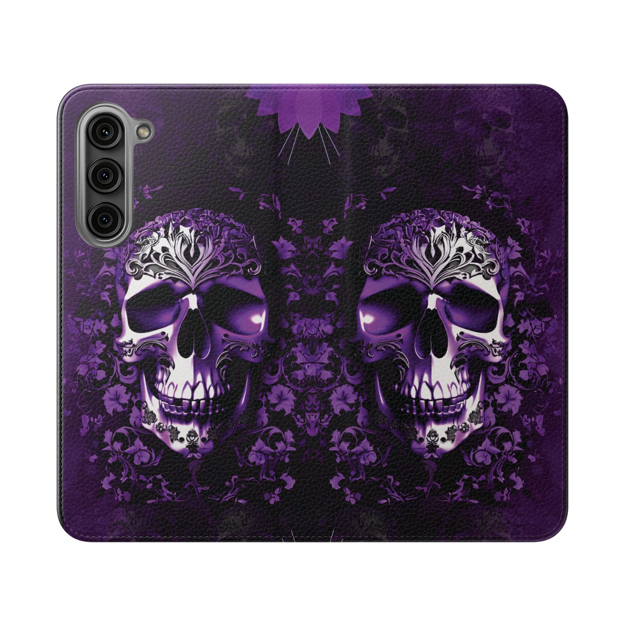 Purple Pastel Goth Skull Flip Wallet Phone Case - Skull Wallet Case for Samsung iPhone - Gothic Style Skull Wallet Phone Cases
