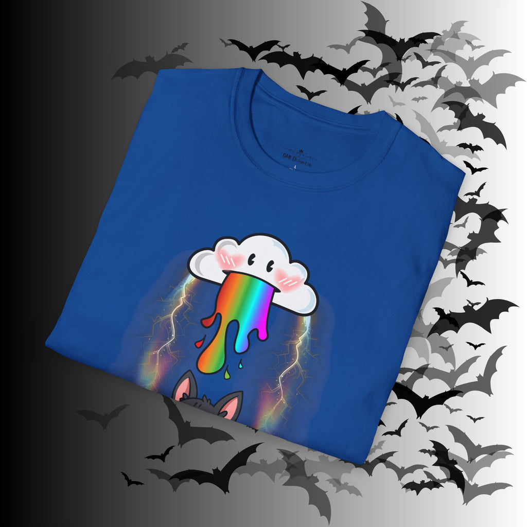 Rainbow Vomit Cloud Bat T-Shirt — Kawaii Goth Pride Unisex Tee