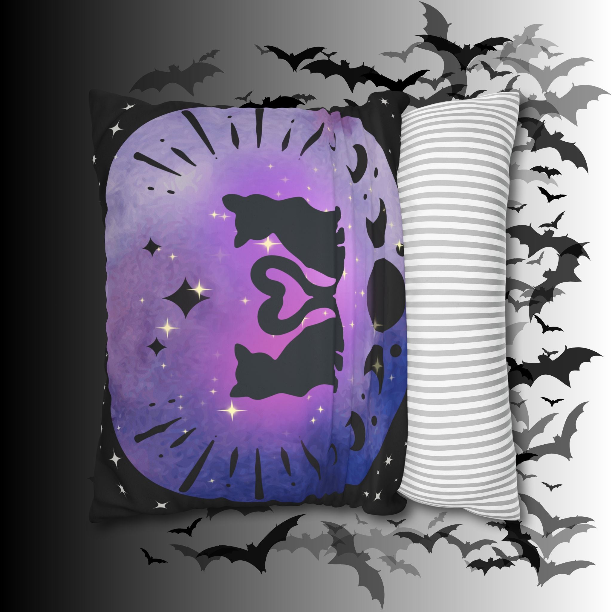 Lunar Love Cats Moon Phases Throw Pillow — Celestial Gothic Dark Home Decor