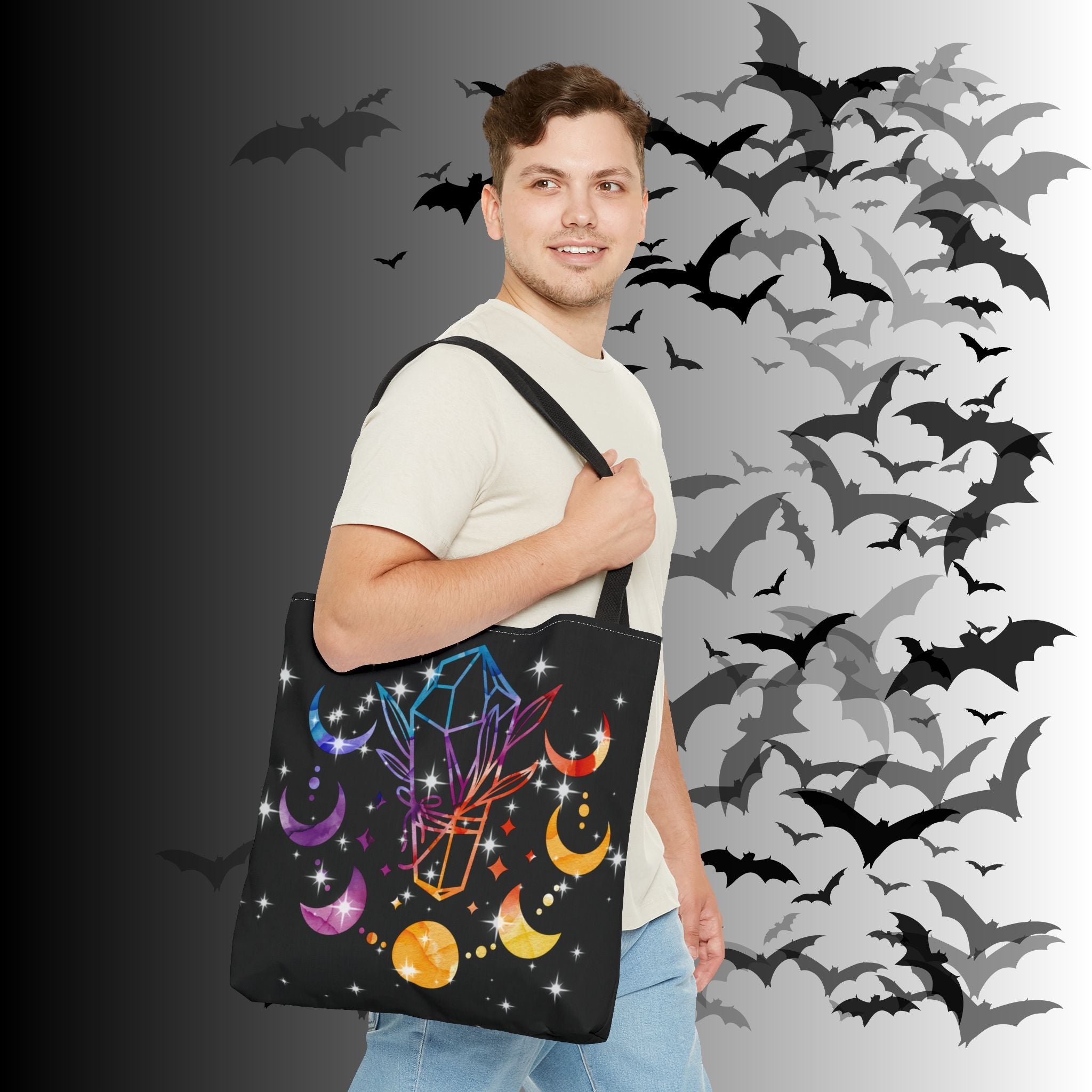 Rainbow Crystal Moon Phase Tote Bag — Celestial Witchy Print