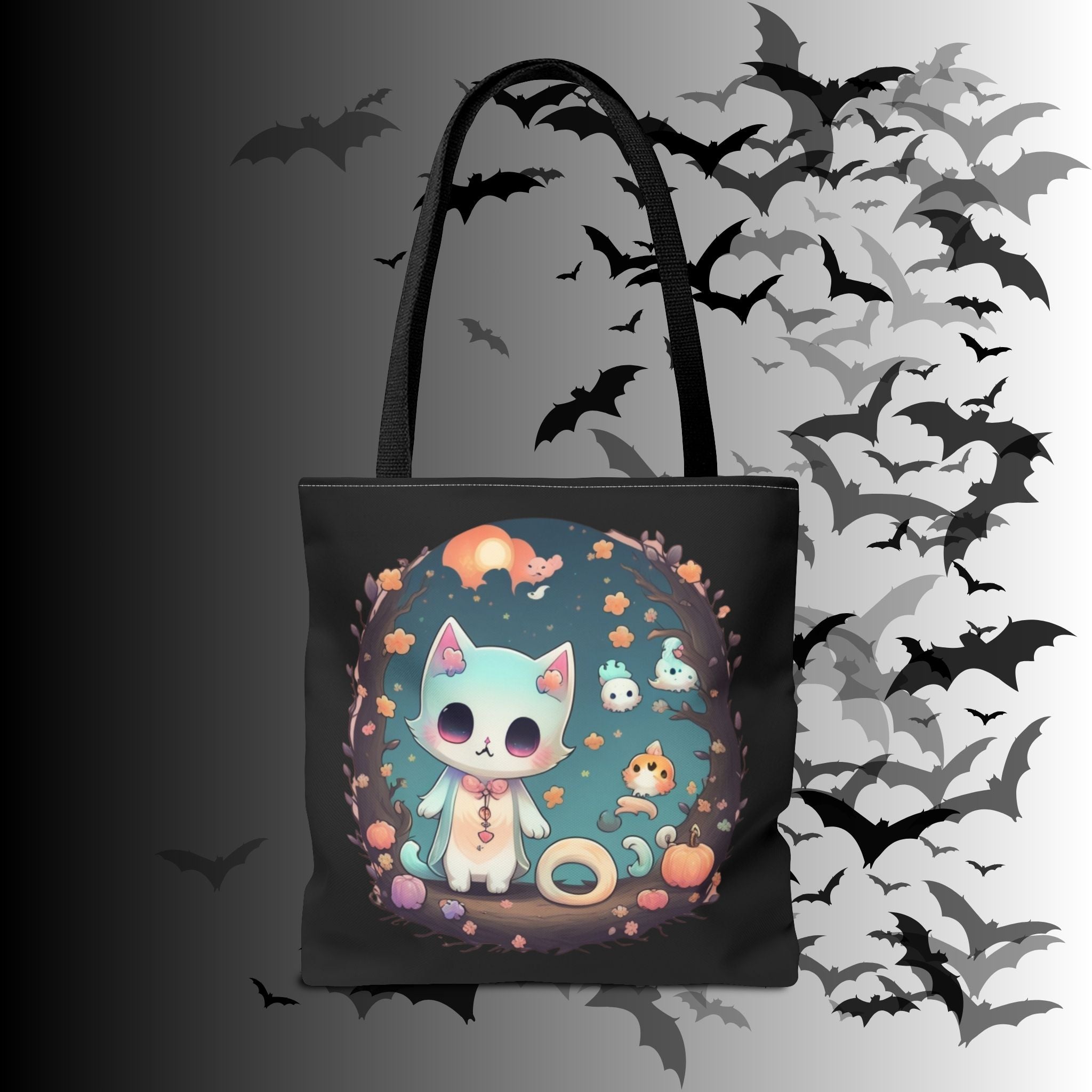 Pastel Goth Kawaii Cat Halloween Tote Bag — Moonlit Forest Scene