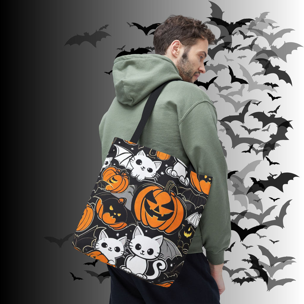 Kawaii Bat Cat Halloween Tote Bag — Dark Pumpkin Pattern