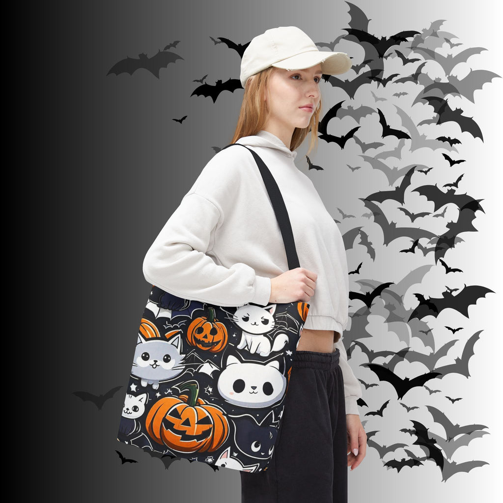 Kawaii Halloween Cat & Pumpkin Tote Bag — Spooky Multi-Cat Pattern