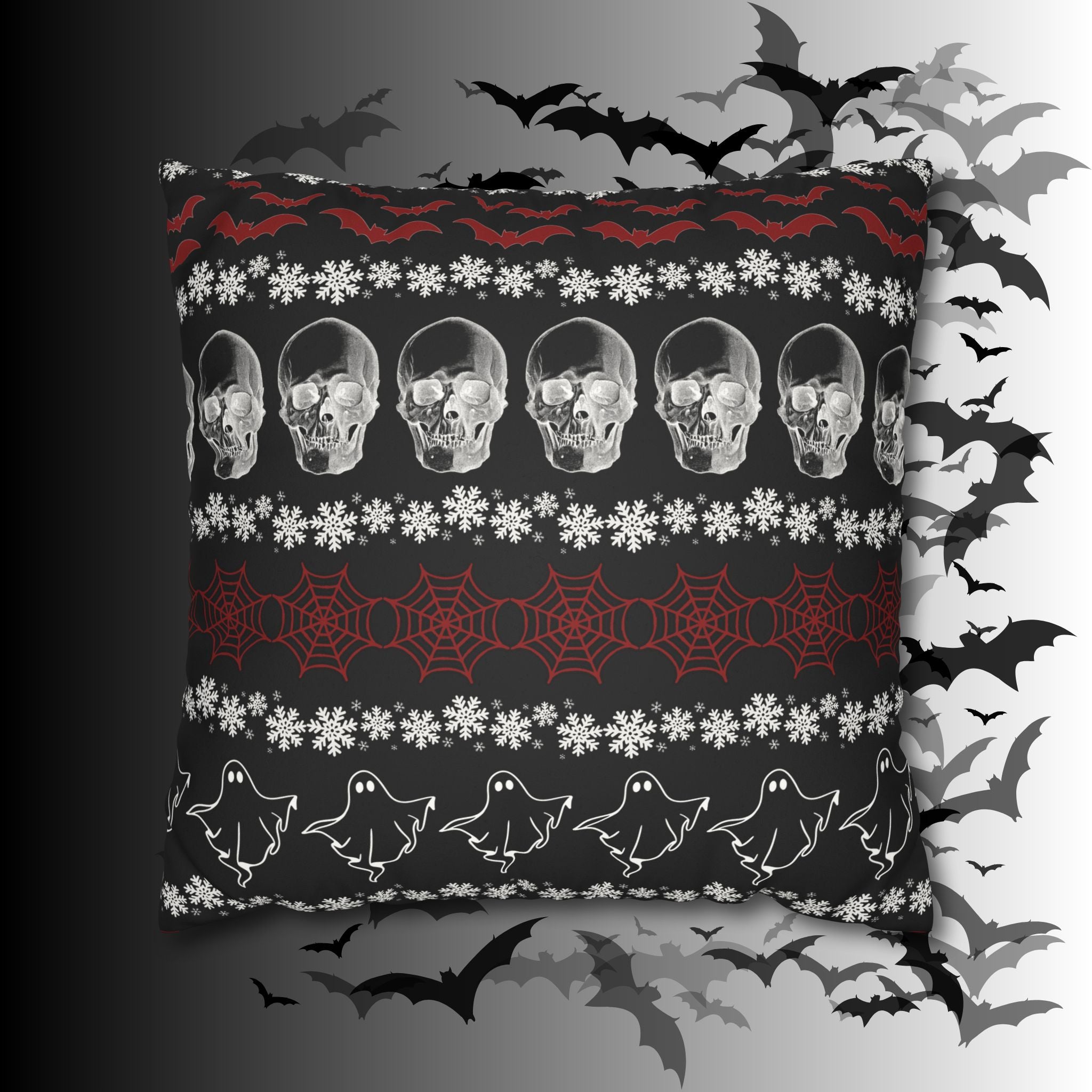 Merry Creepmas Gothic Ugly Sweater Throw Pillow — Goth Holiday Dark Home Decor