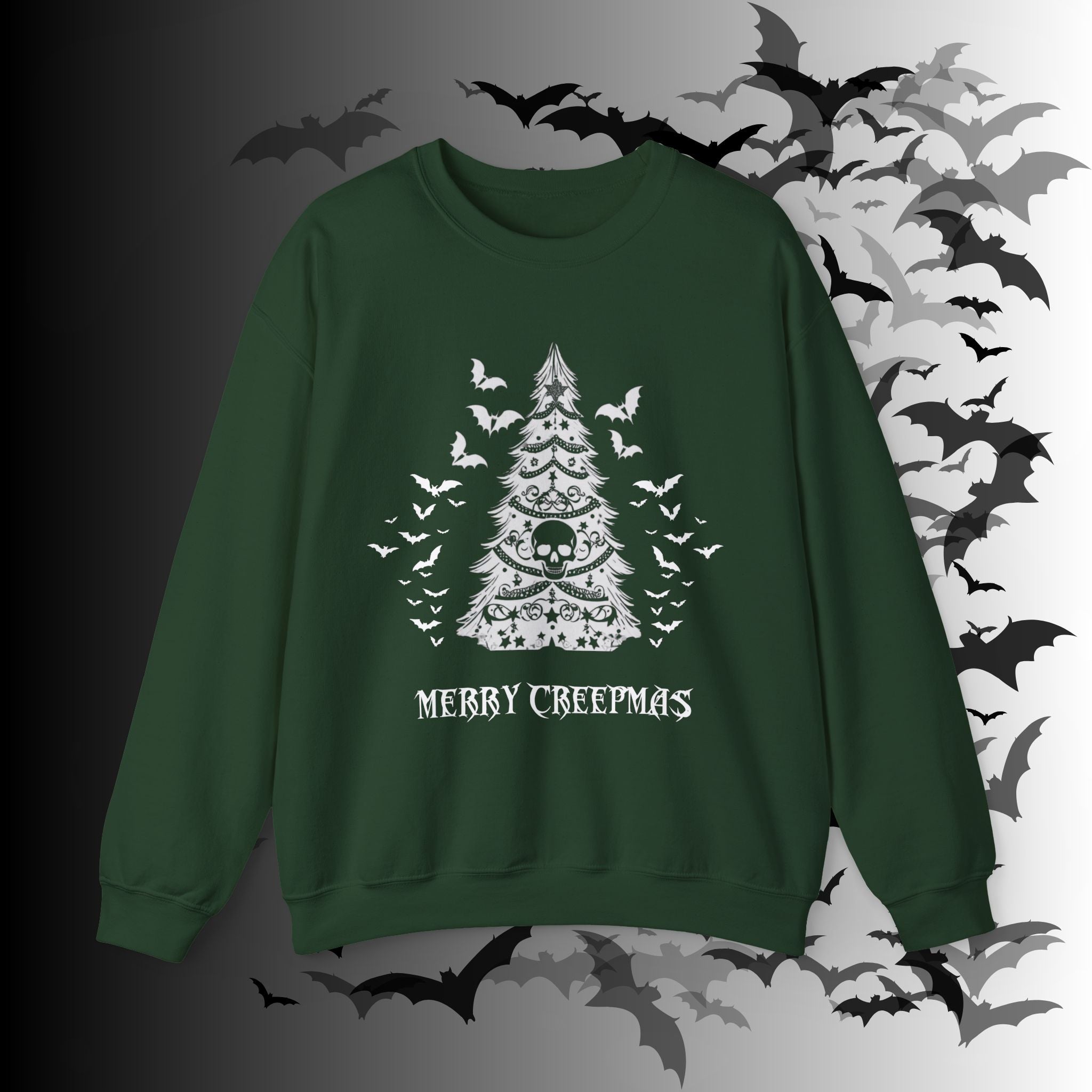 Merry Creepmas Tree Crewneck Sweatshirt — Gothic Christmas Skull Bat