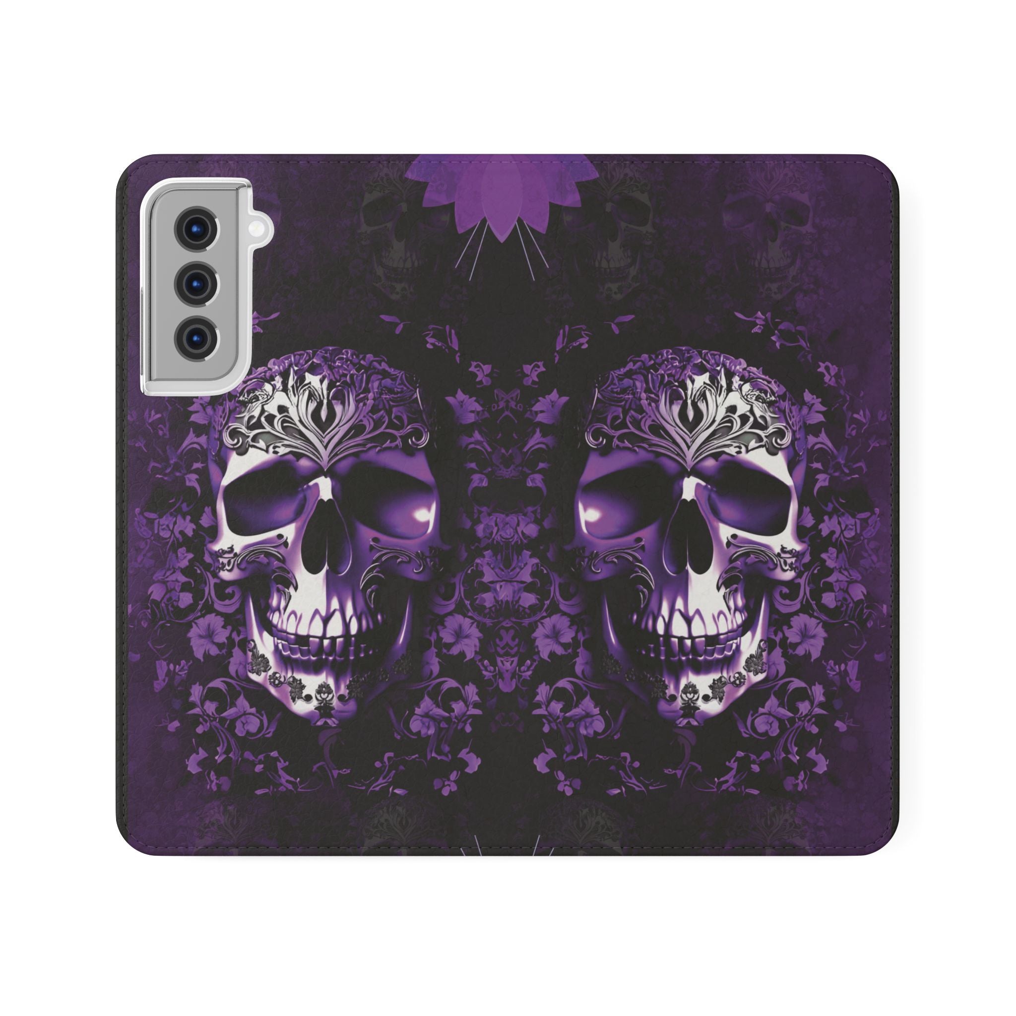 Purple Pastel Goth Skull Flip Wallet Phone Case - Skull Wallet Case for Samsung iPhone - Gothic Style Skull Wallet Phone Cases
