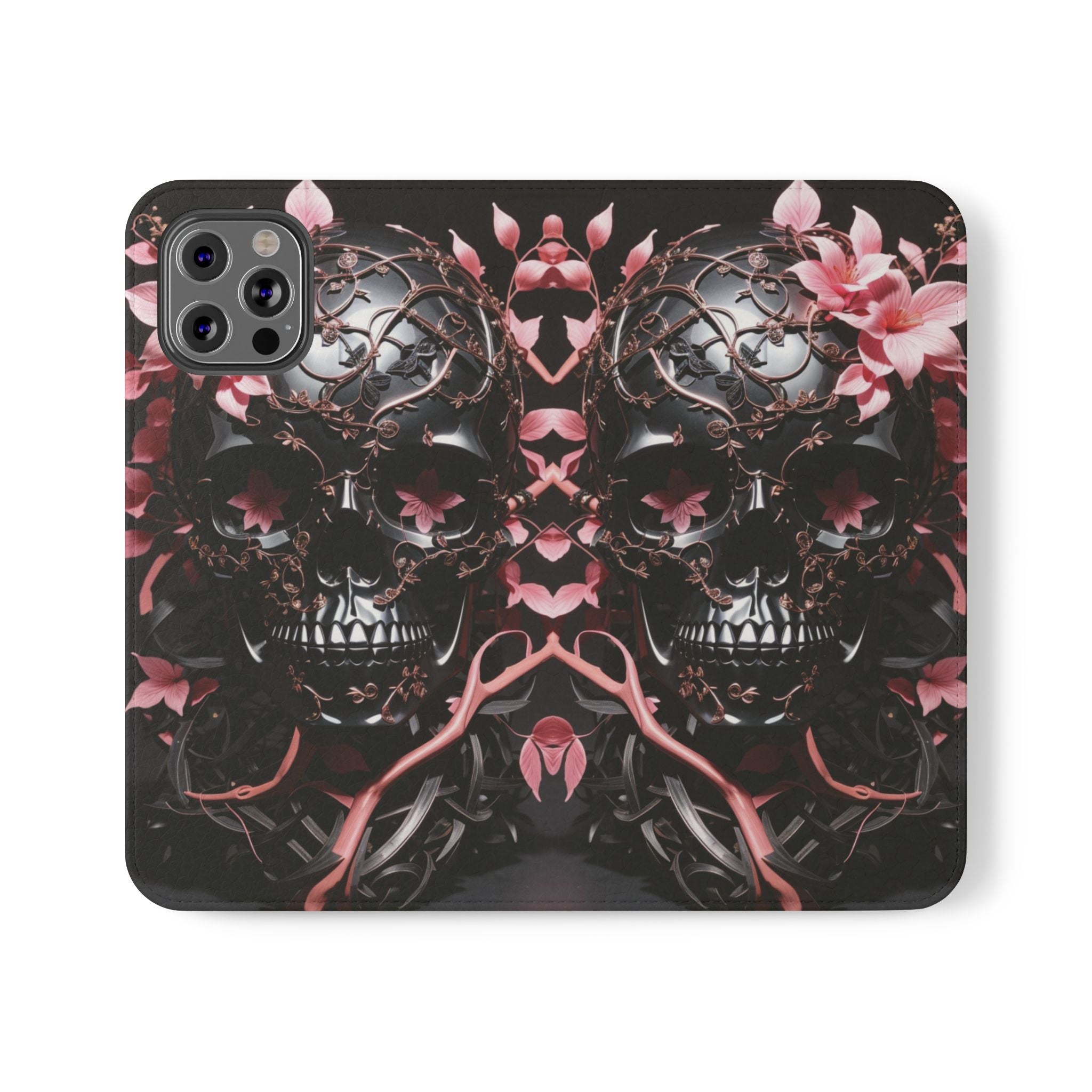 Pink Pastel Goth Skull Flip Wallet Phone Case - Skull Wallet Case for Samsung iPhone - Gothic Style Skull Wallet Phone Cases