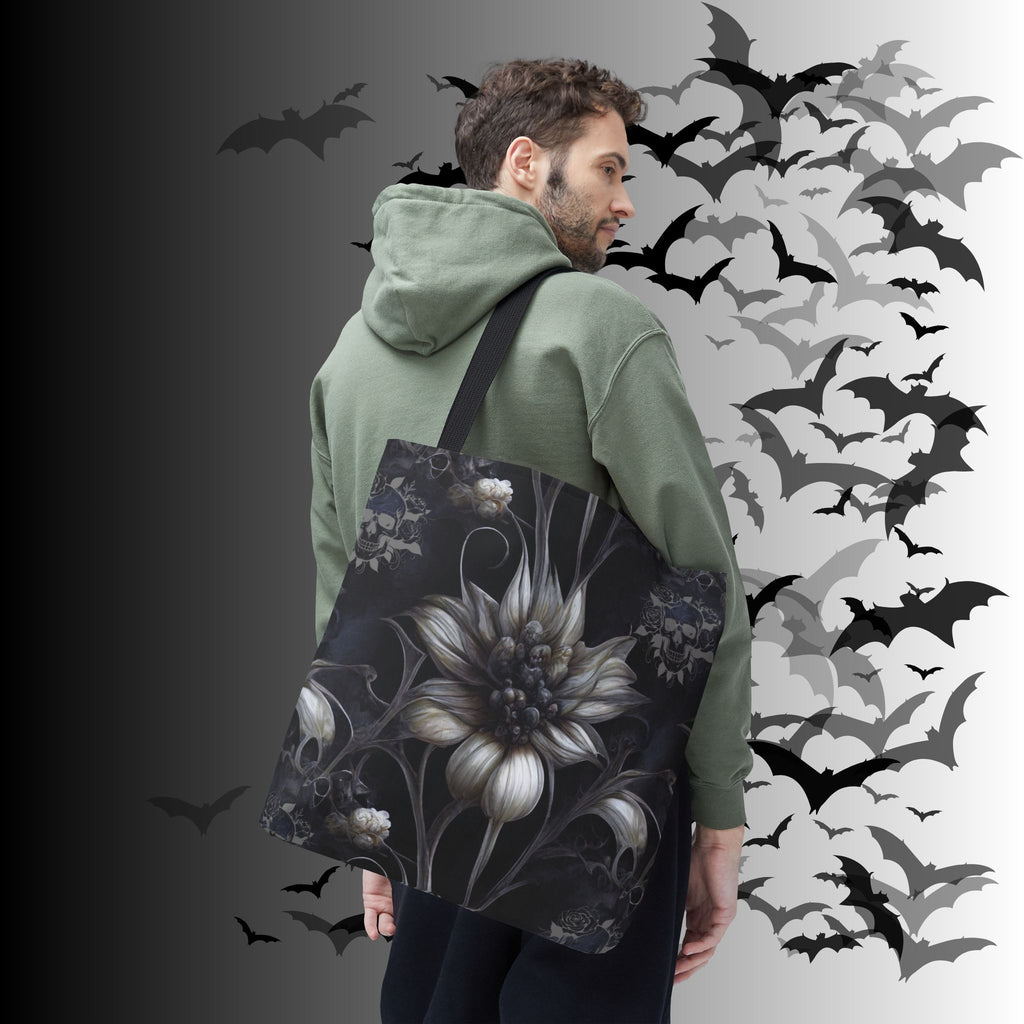 Gothic Botanical Skull Tote Bag — Dark Floral All-Over Print