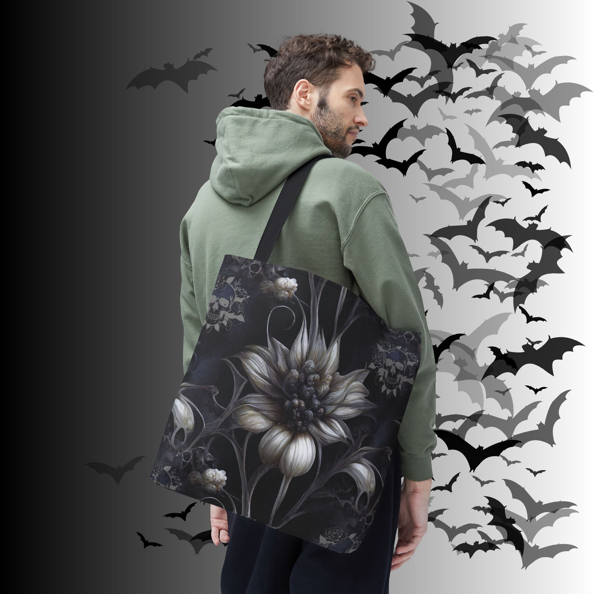 Gothic Botanical Skull Tote Bag — Dark Floral All-Over Print