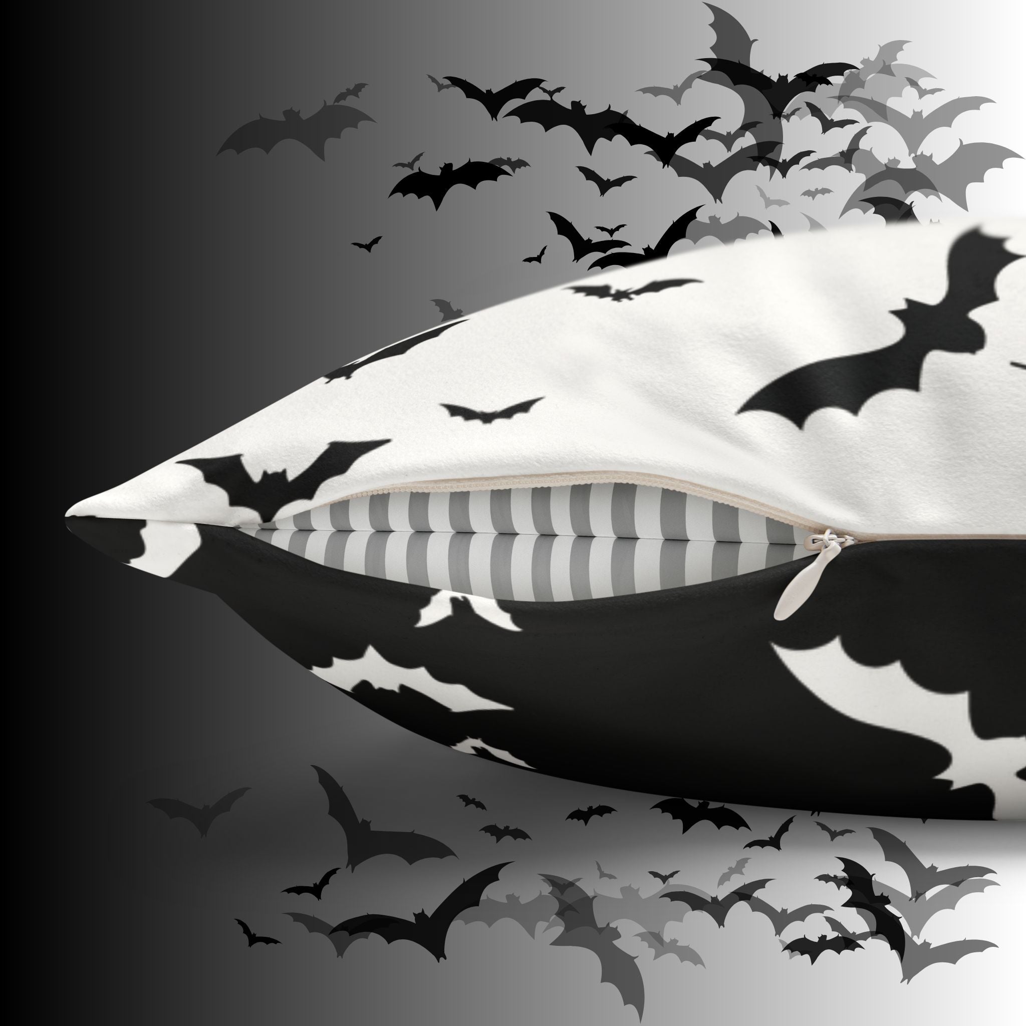 Gothic Bats Heart Throw Pillow — Black White Halloween Dark Home Decor