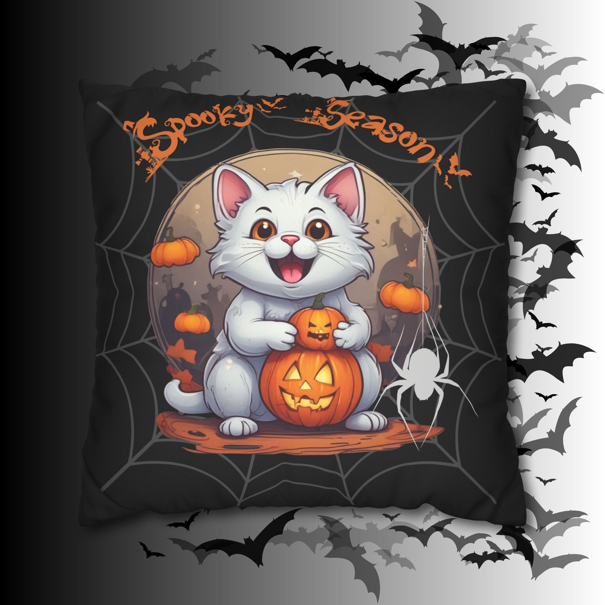 Spooky Season Cat Halloween Throw Pillow — Pumpkin Dark Home Decor