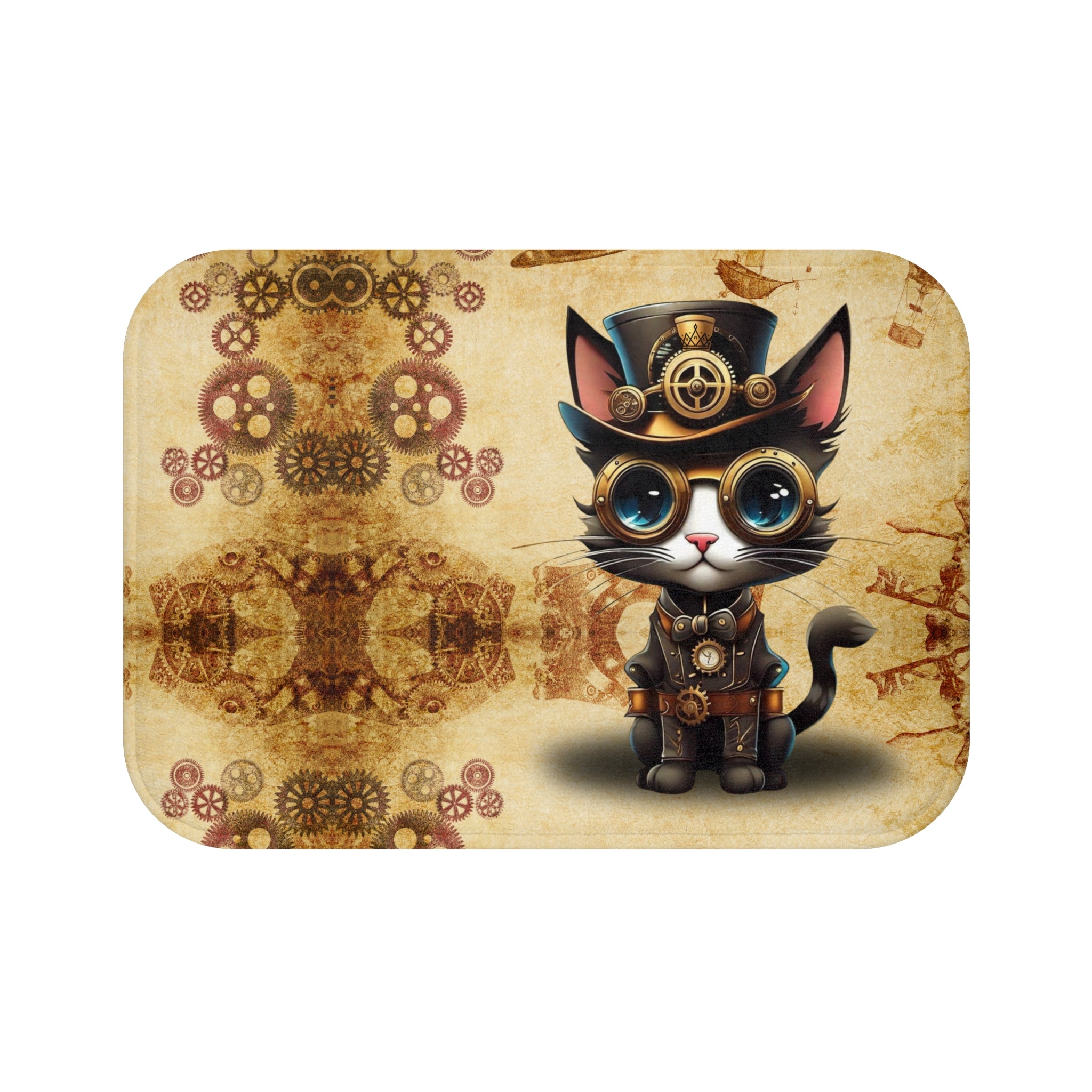 Steampunk Cat Bath Mat — Vintage Industrial Bathroom Decor