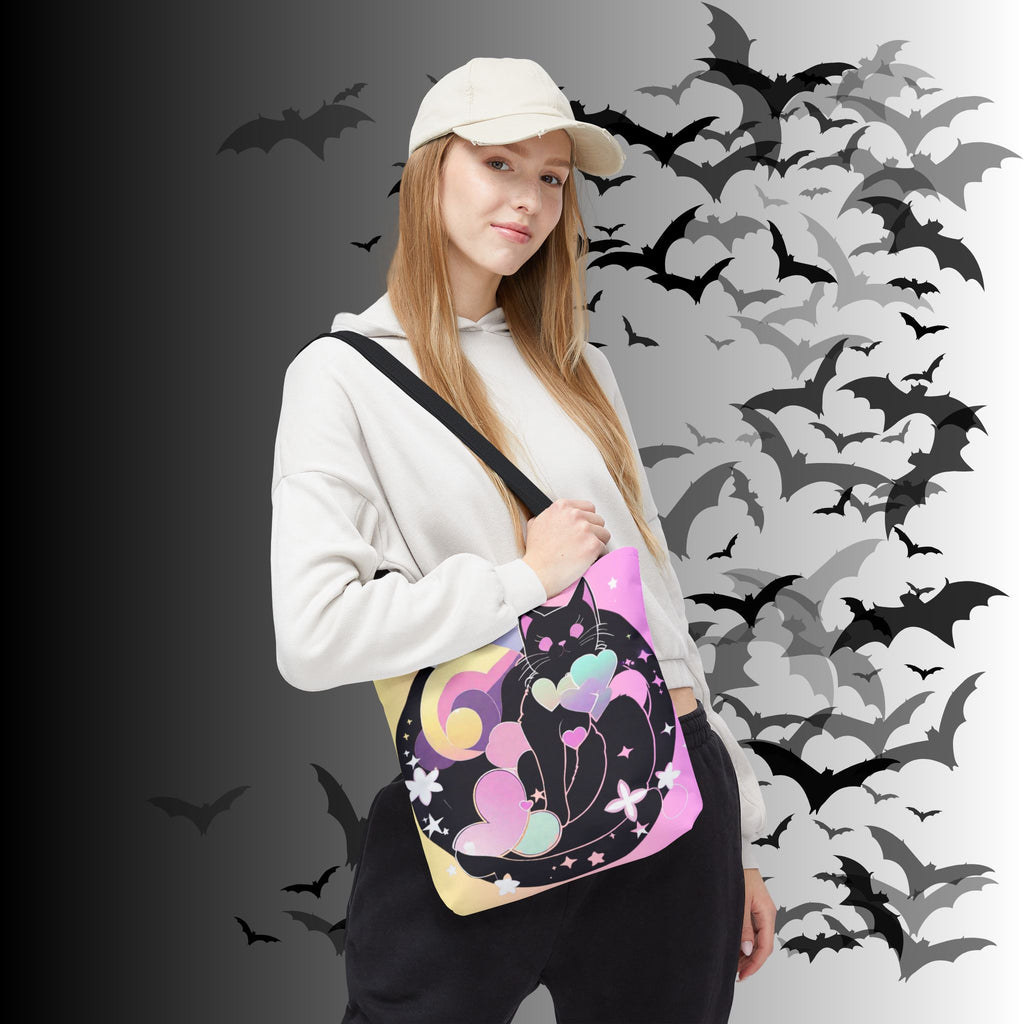Pastel Goth Black Cat Heart Balloon Tote Bag — Kawaii Moon Print