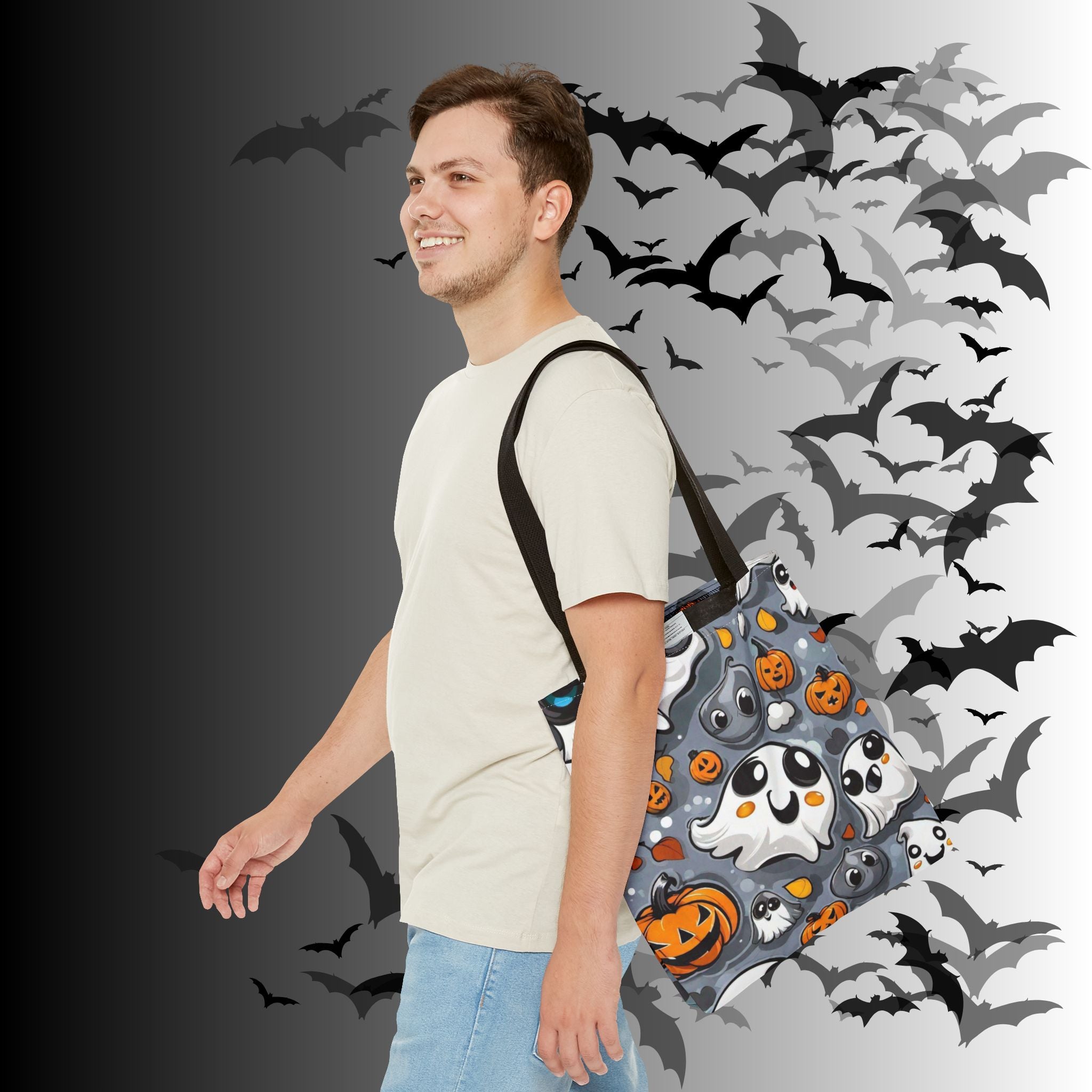 Kawaii Ghost & Pumpkin Halloween Tote Bag — Spooky All-Over Print
