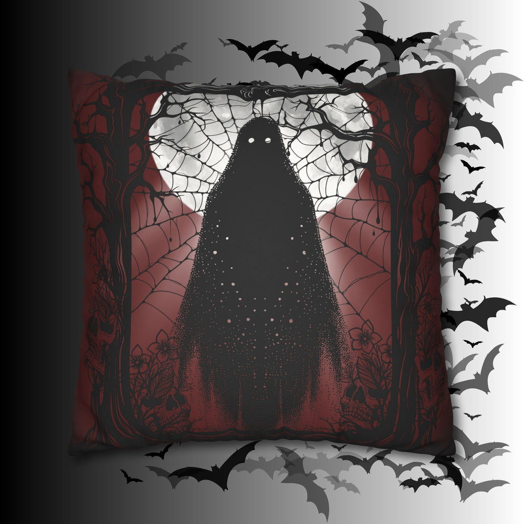 Gothic Ghost Cobweb Moon Throw Pillow — Spooky Halloween Dark Home Decor