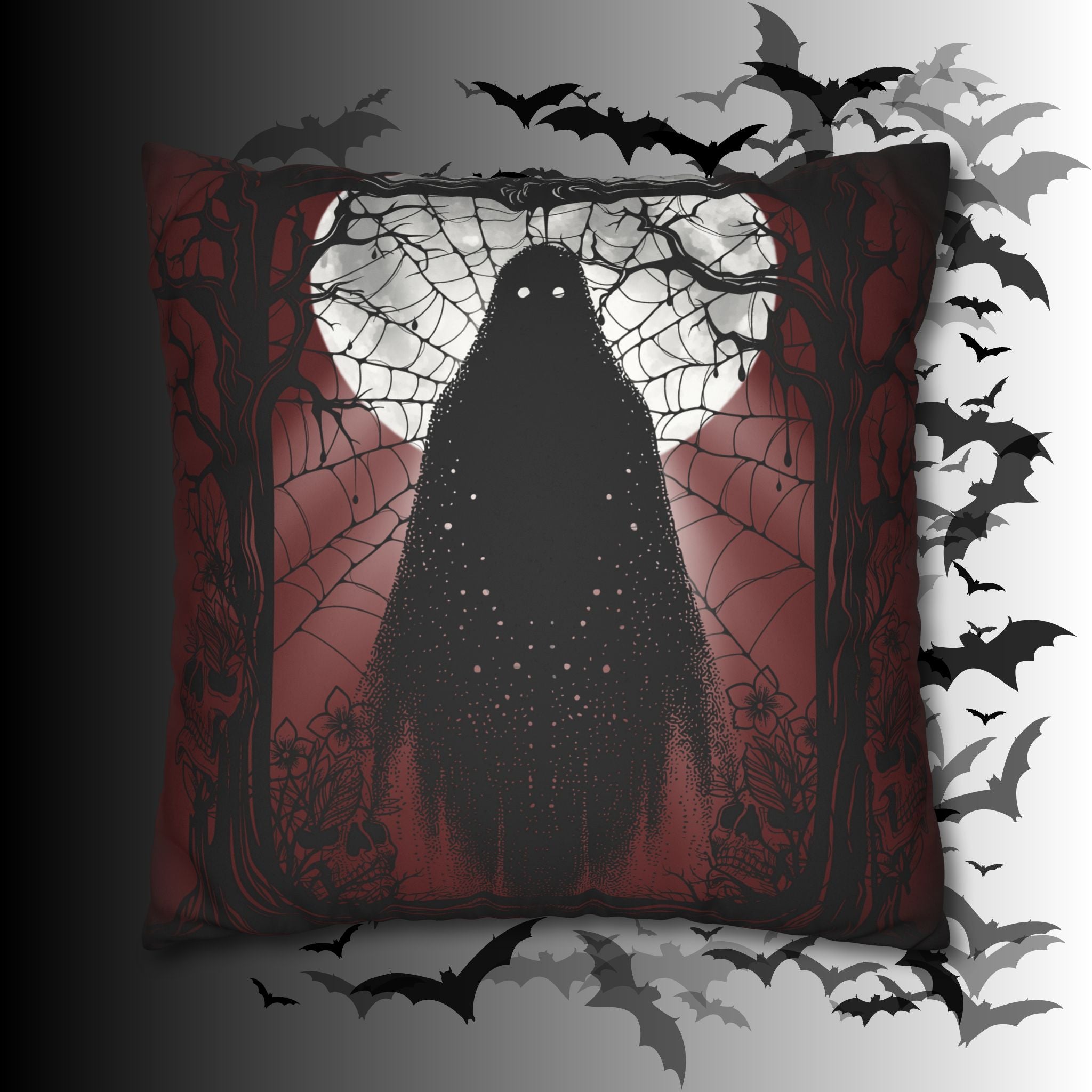 Gothic Ghost Cobweb Moon Throw Pillow — Spooky Halloween Dark Home Decor