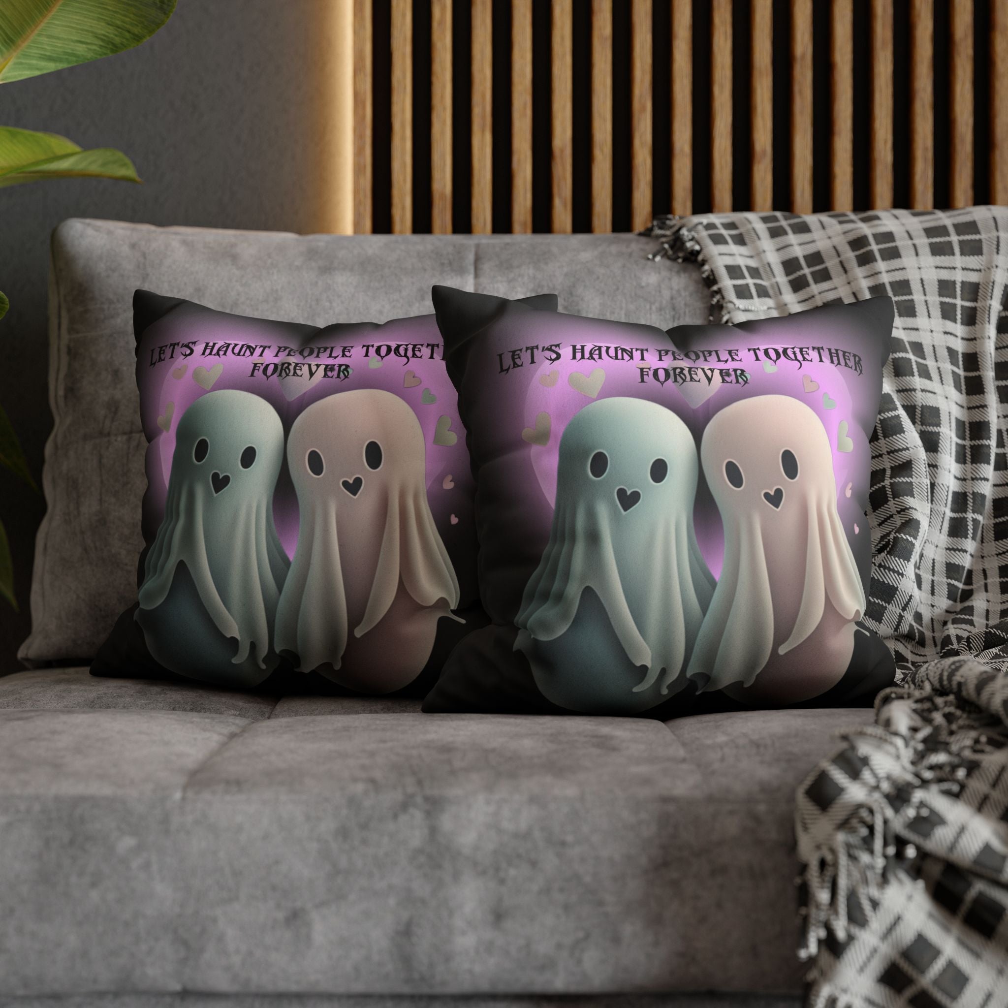 Let's Haunt People Together Forever Ghost Throw Pillow — Gothic Love Halloween Decor