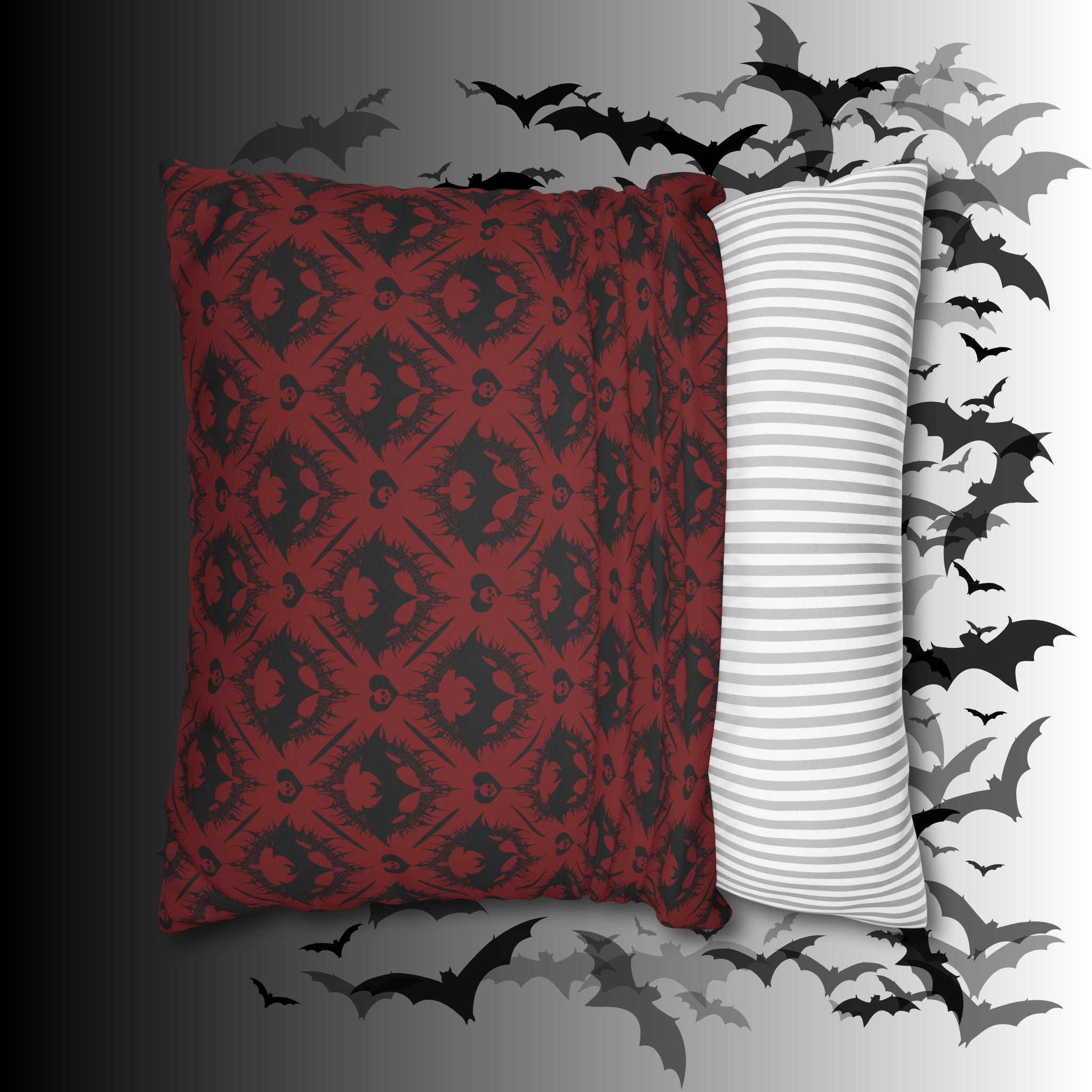 Gothic Bat Diamond Pattern Throw Pillow — Dark Red Damask Home Decor