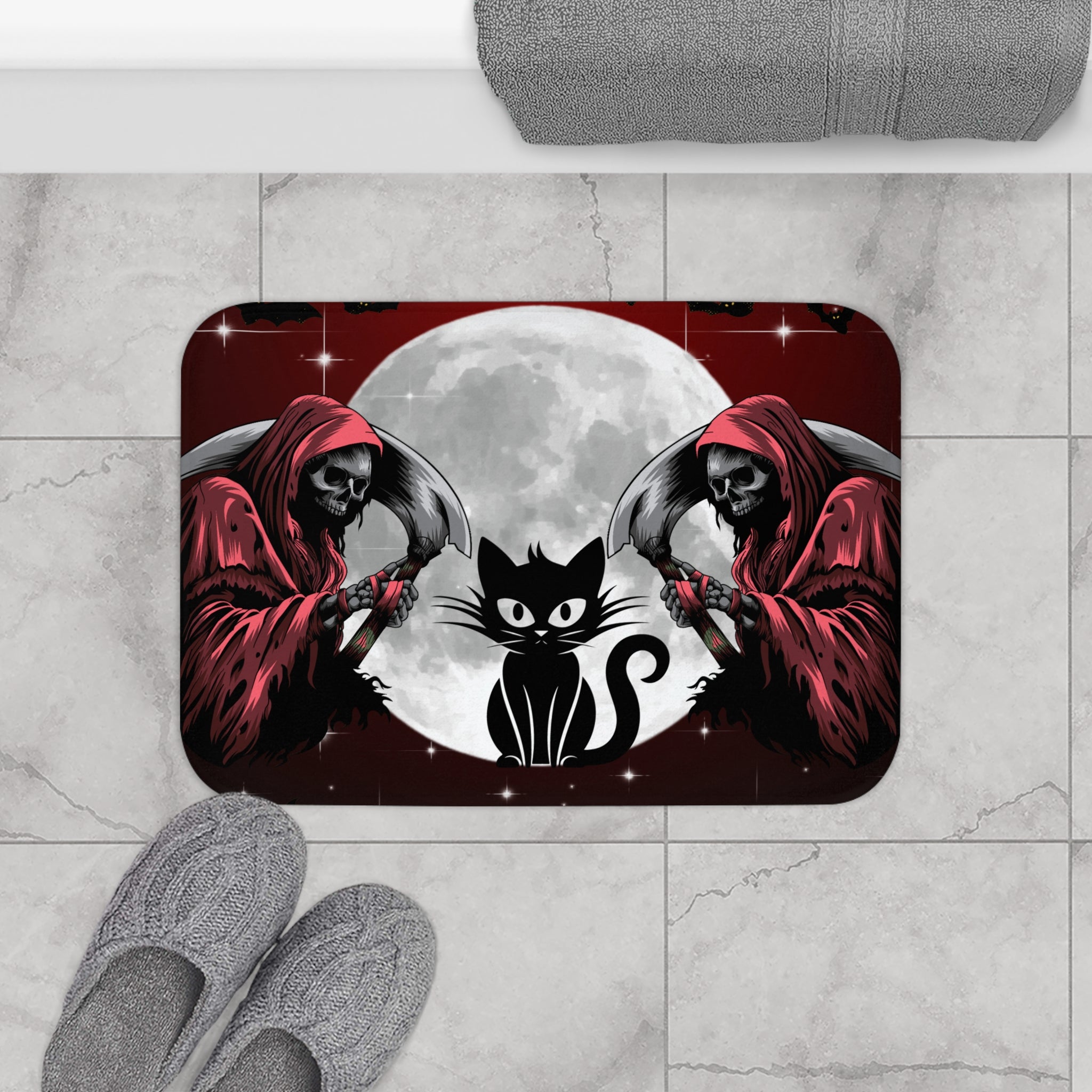 Gothic Grim Reaper Cat Bath Mat — Full Moon Bathroom Decor
