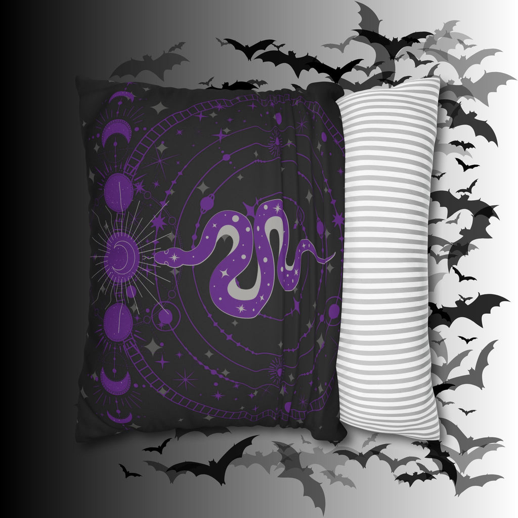 Purple Celestial Snake Moon Phases Throw Pillow — Witchy Gothic Dark Home Decor