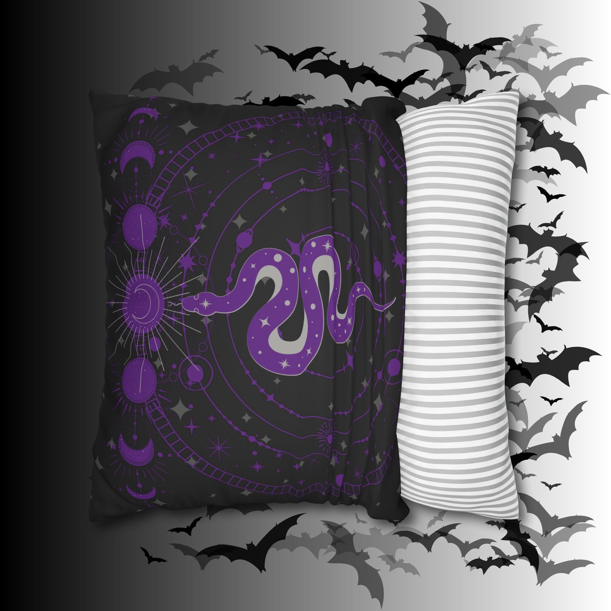 Purple Celestial Snake Moon Phases Throw Pillow — Witchy Gothic Dark Home Decor