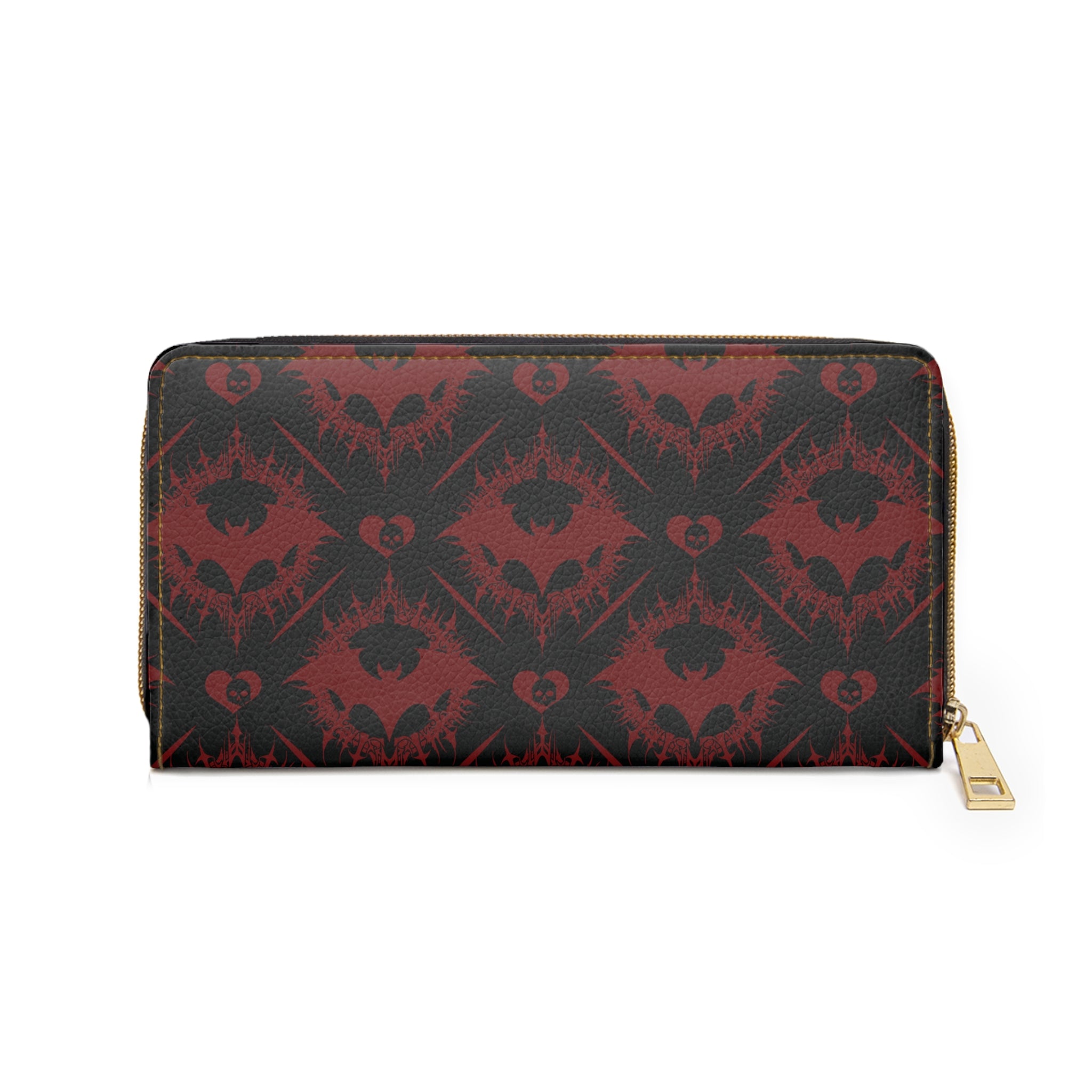 Gothic Bat Pattern Wallet | Black & Red Damask Faux Leather Zipper Clutch