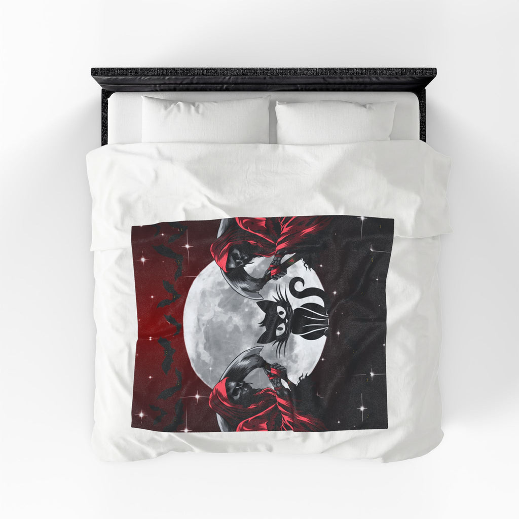 Gothic Black Cat Grim Reaper Throw Blanket — Moonlit Dark Home Decor