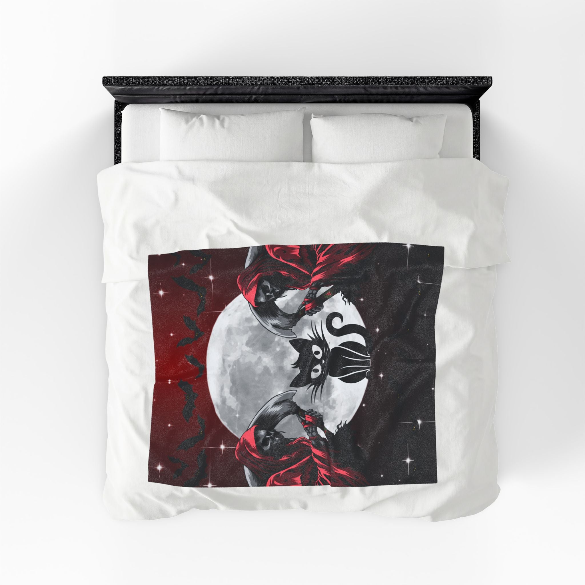 Gothic Black Cat Grim Reaper Throw Blanket — Moonlit Dark Home Decor
