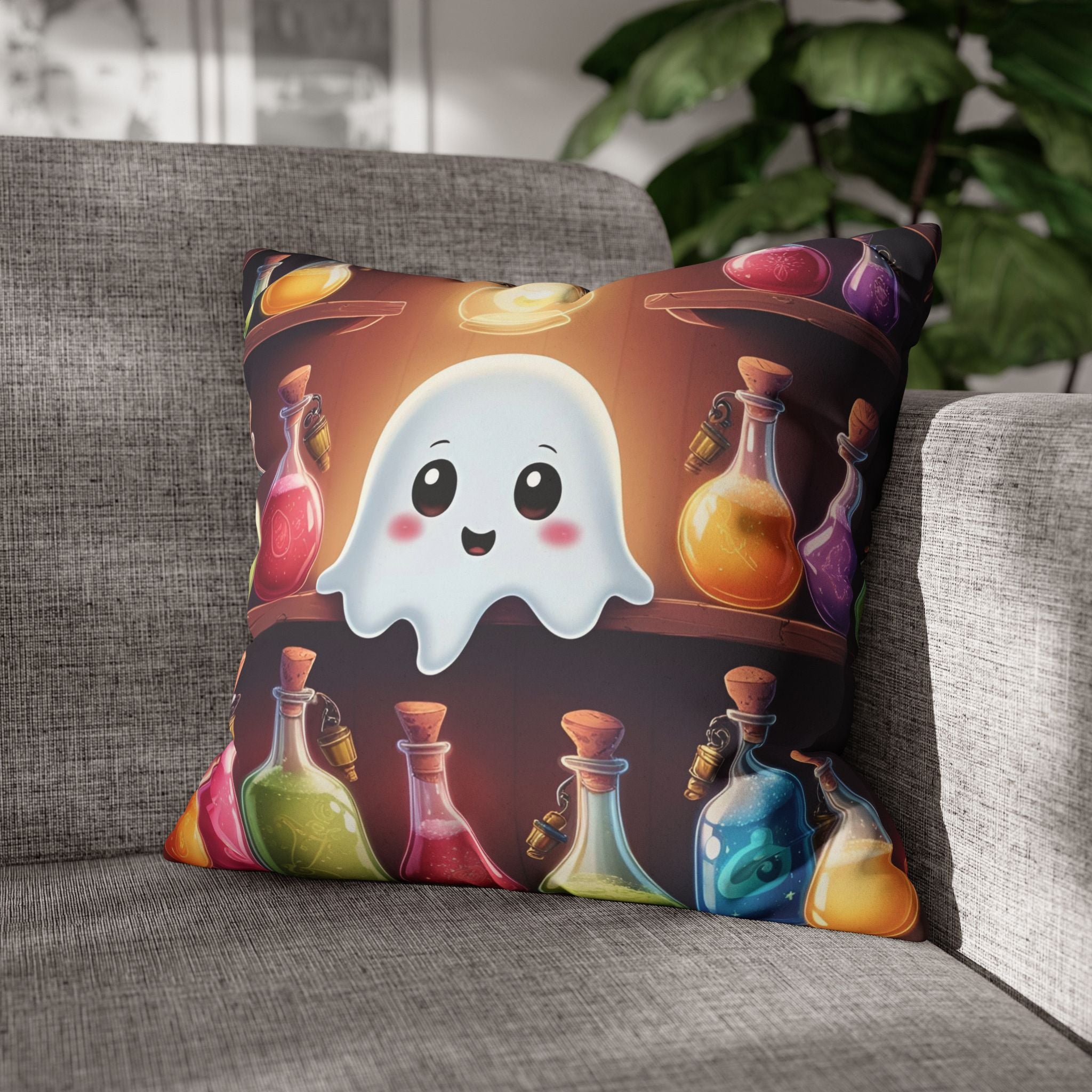 Apothecary Ghost Throw Pillow — Whimsigoth Potion Shelf Dark Home Decor