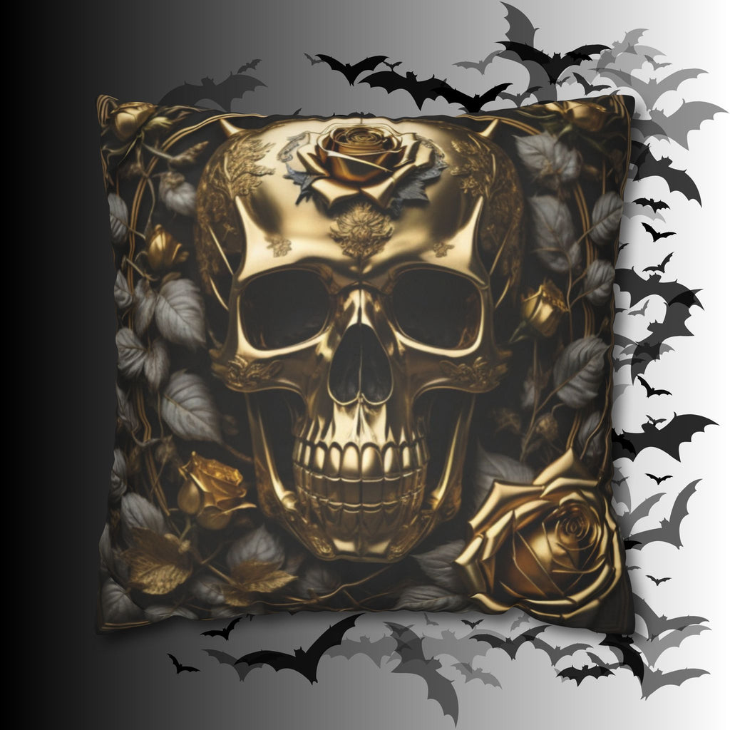 Gothic Gold Black Rose Skull Throw Pillow — Dark Floral Botanical Home Decor