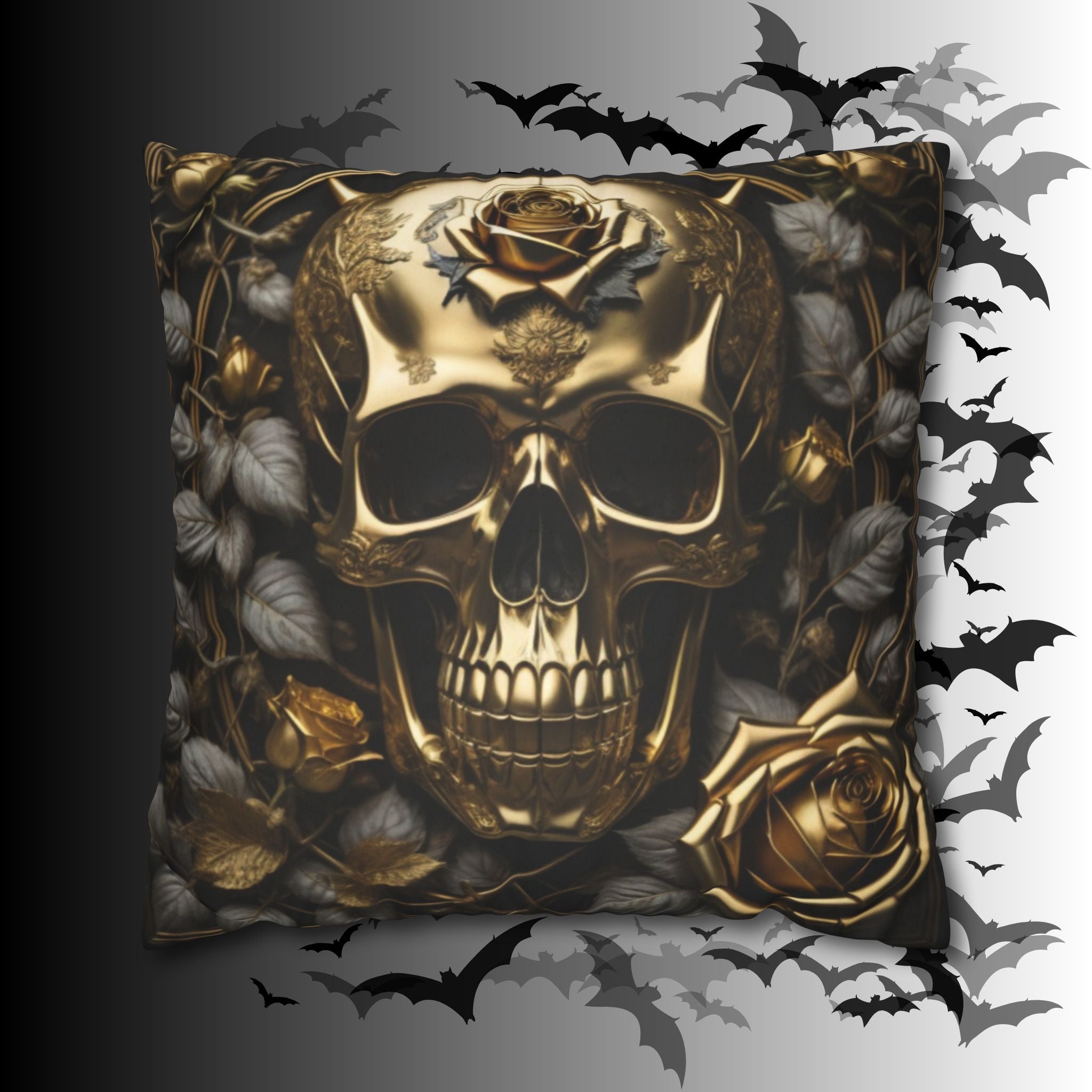 Gothic Gold Black Rose Skull Throw Pillow — Dark Floral Botanical Home Decor