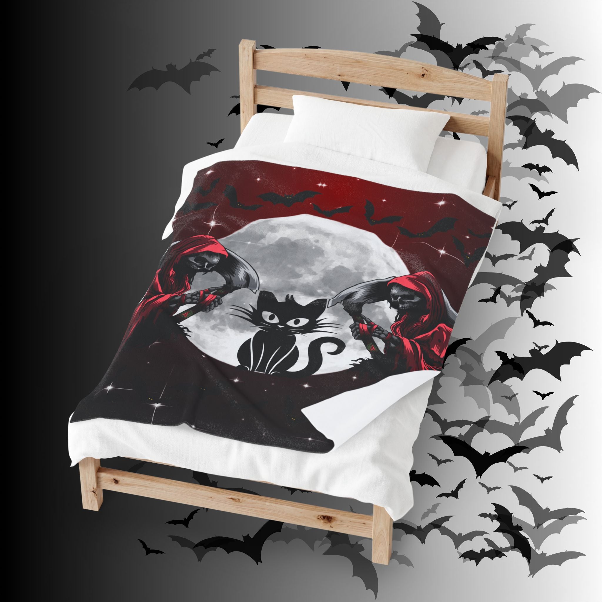 Gothic Black Cat Grim Reaper Throw Blanket — Moonlit Dark Home Decor